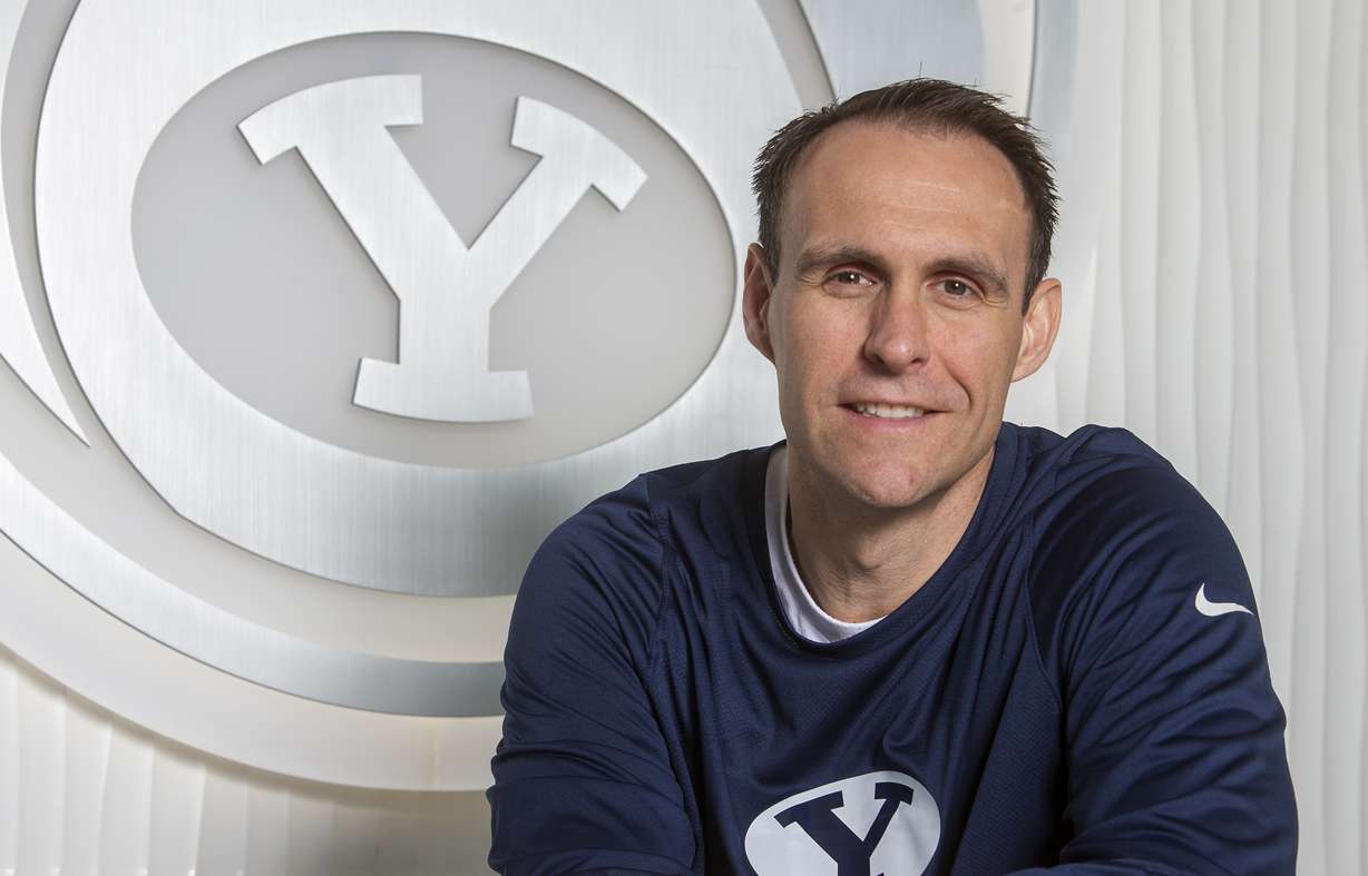 BYU assistant basketball coach Chris Burgess poses for photos while at the Marriott Center Annex in Provo on Friday, May 3, 2019.