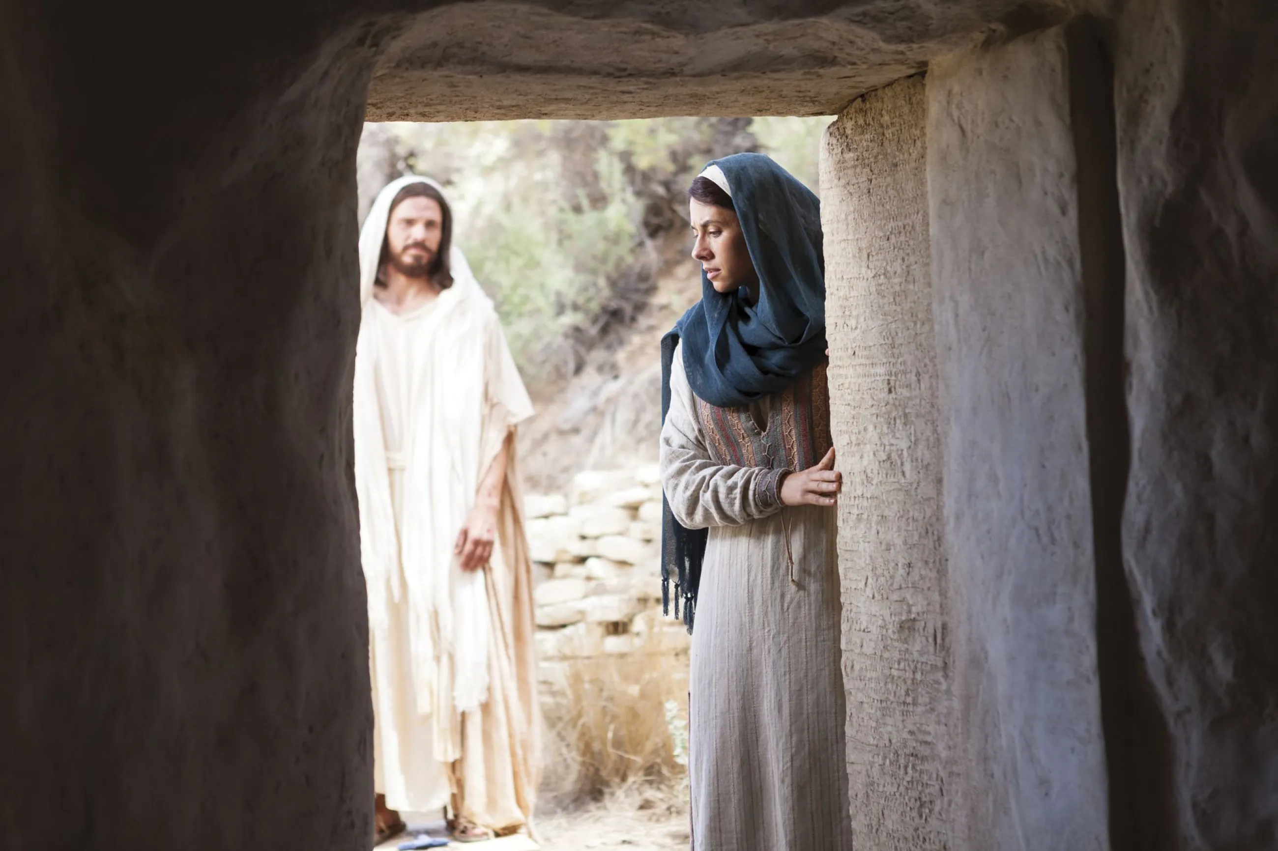 Mary encounters the resurrected Jesus Christ at the tomb in the scene of a Bible video produced by The Church of Jesus Christ of Latter-day Saints.
