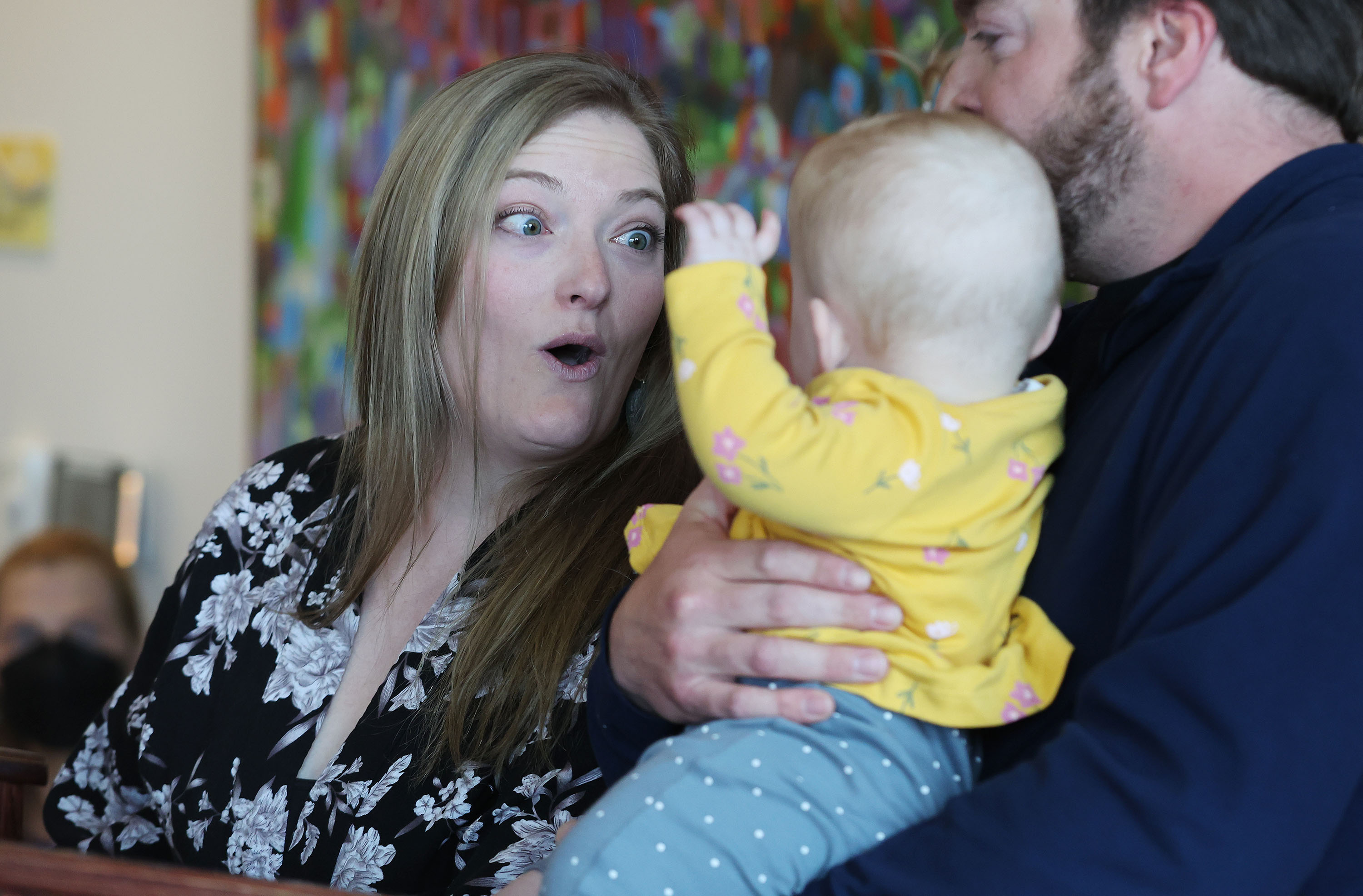 Alisha, left, and Nick Keyworth celebrate the anniversary of the in utero fetal surgery performed on daughter Abigail at Primary Children’s Hospital in Salt Lake City on Wednesday. Abigail,11 months, has spina bifida and was the first in utero fetal surgery patient in the state of Utah.