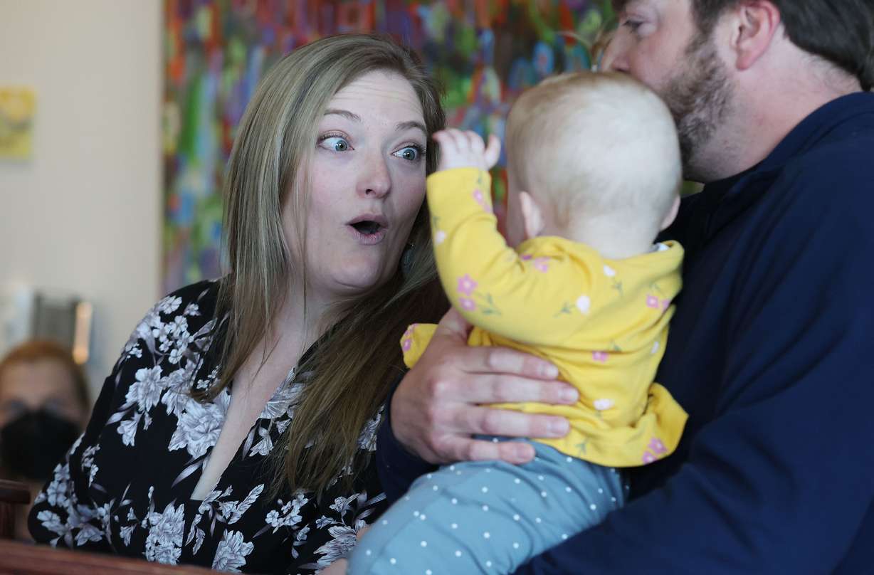 Alisha, left, and Nick Keyworth celebrate the anniversary of the in utero fetal surgery performed on daughter Abigail at Primary Children’s Hospital in Salt Lake City on Wednesday. Abigail,11 months, has spina bifida and was the first in utero fetal surgery patient in the state of Utah.