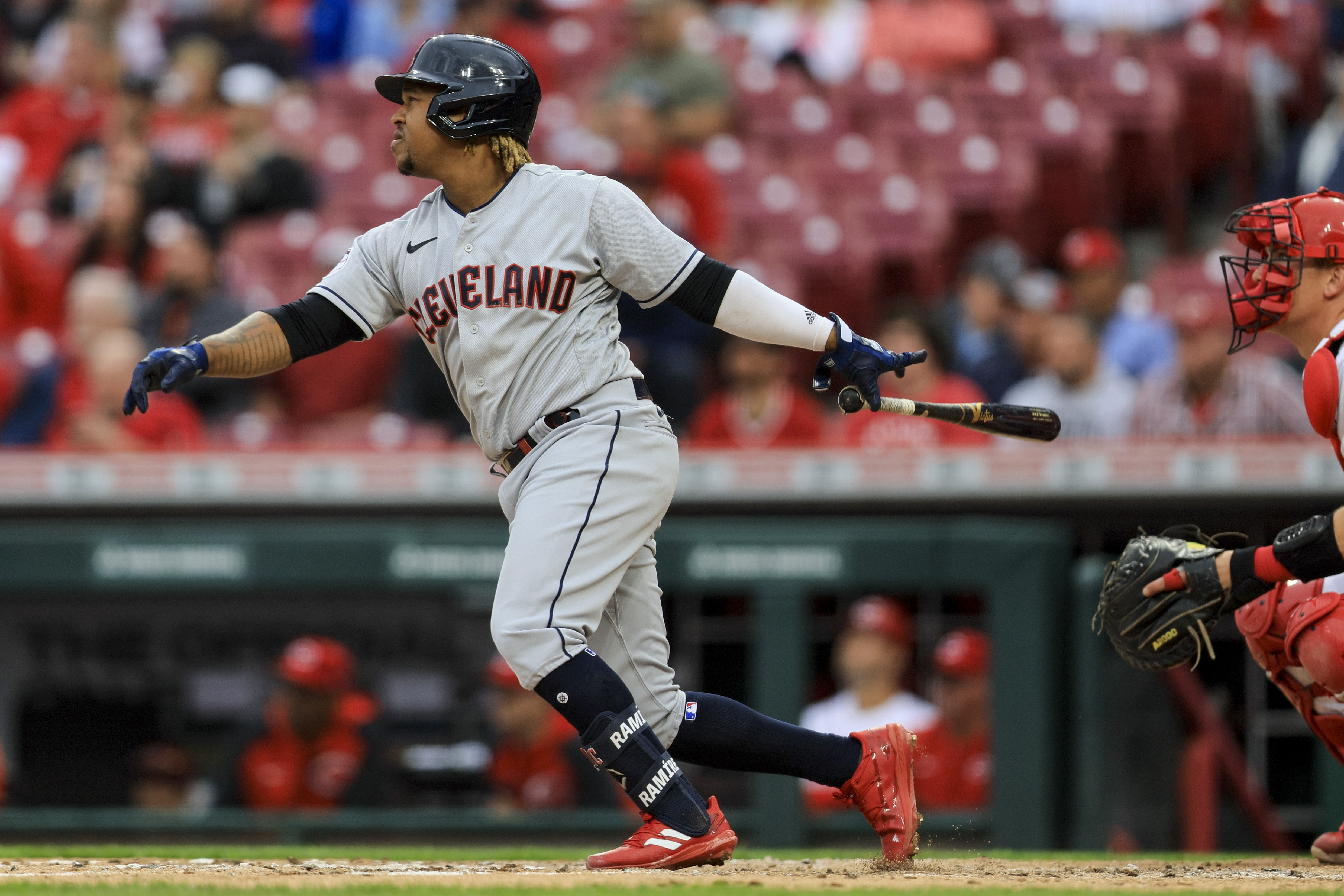 Cleveland Guardians' Jose Ramirez watches his two-run home run during the fourth inning of a baseball game against the Cincinnati Reds in Cincinnati, Wednesday, April 13, 2022. 