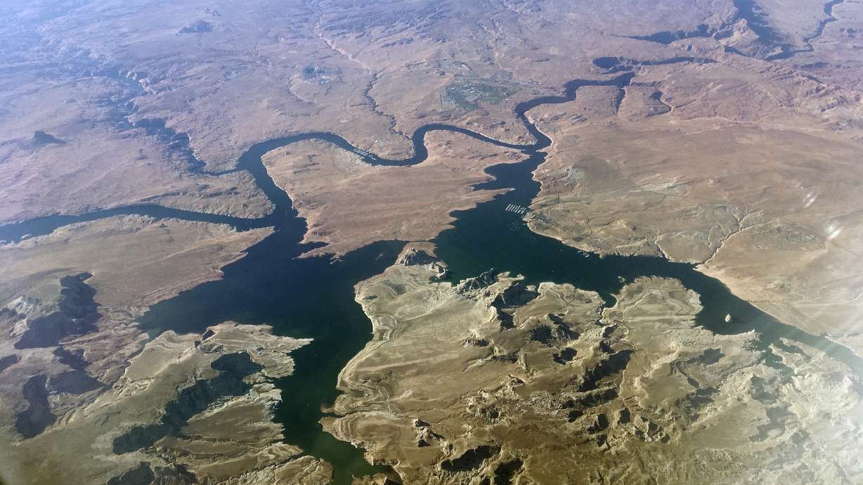 An aerial view of Lake Powell on the Colorado River along the Arizona-Utah border on Sept. 11, 2019. Federal officials sent seven western states a letter this week warning them that they're considering cutting the amount of water that flows through the Colorado River.