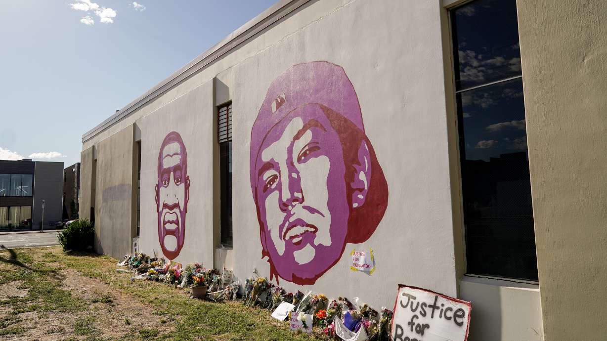 A mural depicting George Floyd and Bernardo Palacios-Carbajal is pictured at the corner of 300 West and 800 South in Salt Lake City on June 11, 2020. The murals are located at "Fleet Block," a city-owned property at the center of future redevelopment.