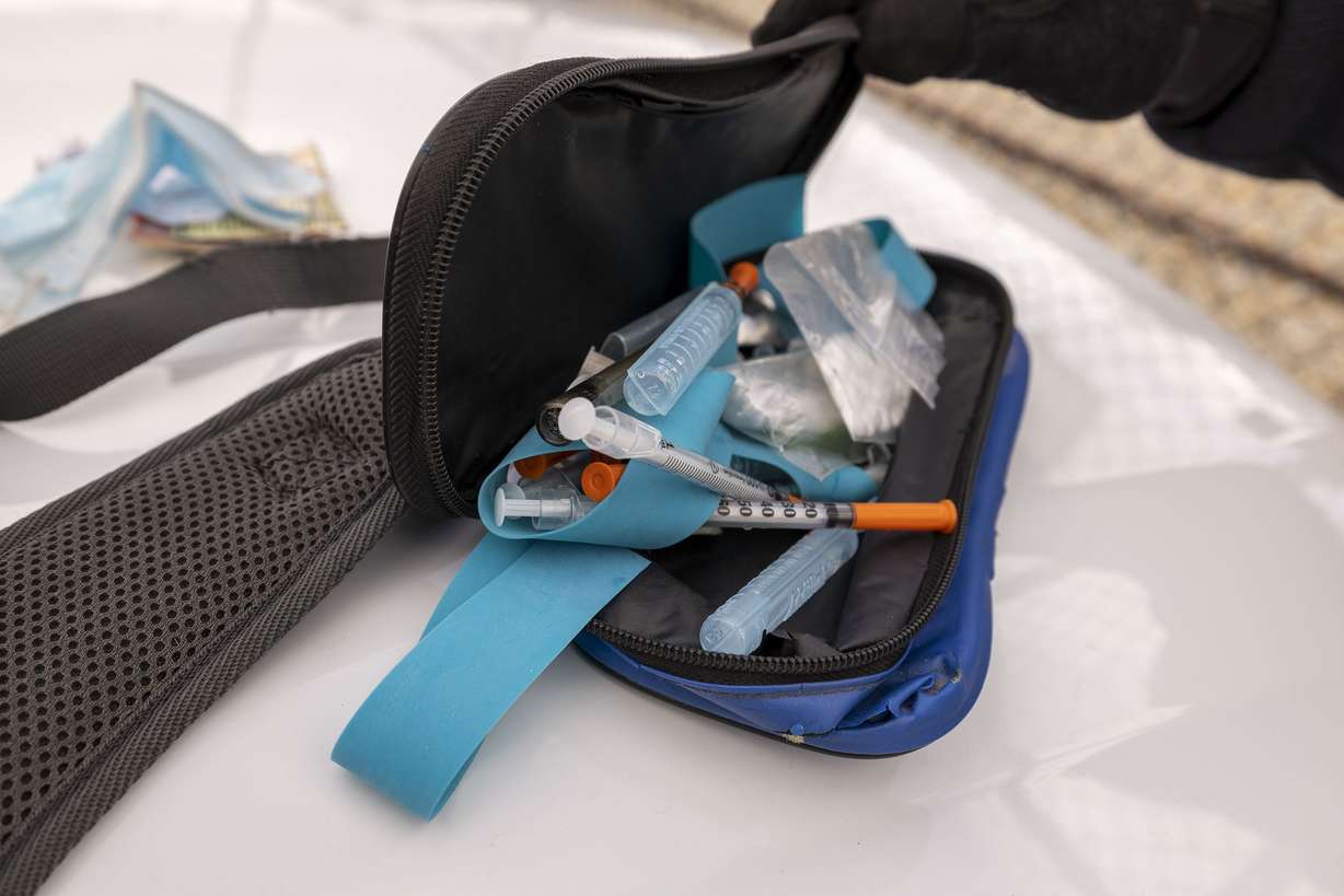 Drug paraphernalia is pictured that was taken off of a man on a TRAX train by Utah Transit Authority police officers John Lobaido and Phil Herrera as they were checking passenger tickets in the Murray area on Wednesday, April 13.