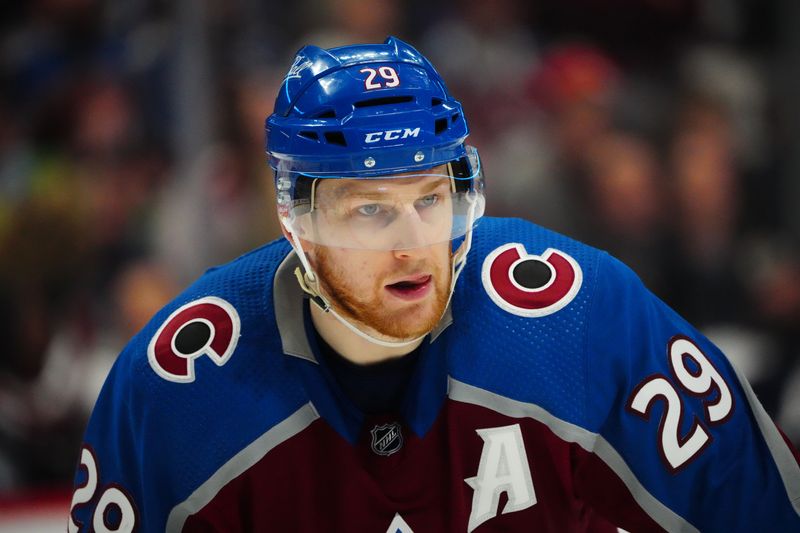 Apr 13, 2022; Denver, Colorado, USA; Colorado Avalanche center Nathan MacKinnon (29) during the second period against the Los Angeles Kings at Ball Arena.