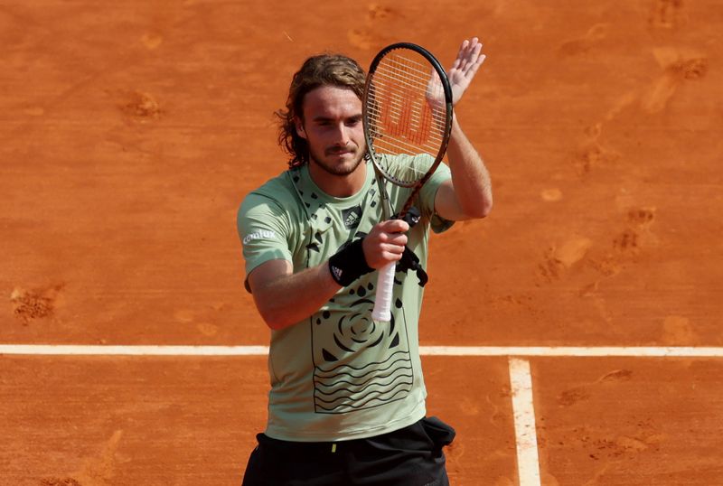 Tennis - ATP Masters 1000 - Monte Carlo Masters - Monte-Carlo Country Club, Roquebrune-Cap-Martin, France - April 14, 2022 Greece's Stefanos Tsitsipas celebrates after winning his third round match against Serbia's Laslo Dere