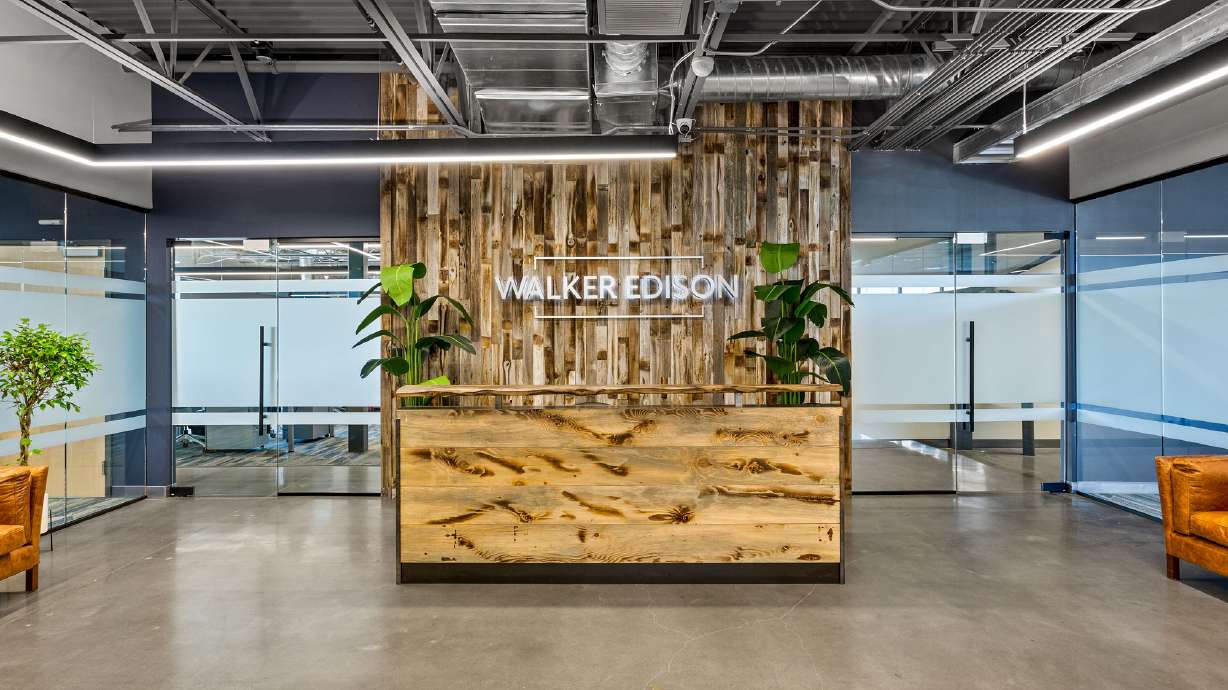 Reception desk at Walker Edison global headquarters in West Jordan.