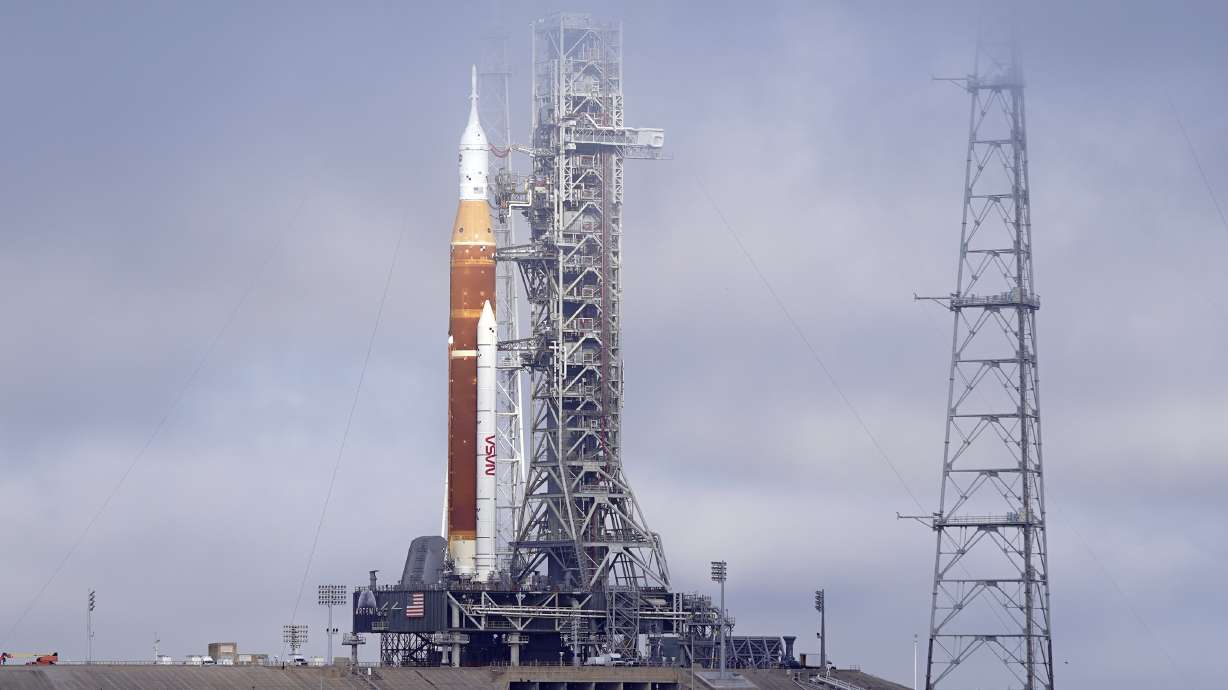 The NASA Artemis rocket with the Orion spacecraft aboard stands on pad 39B at the Kennedy Space Center in Cape Canaveral, Fla., on March 18. After a series of equipment problems, NASA attempted an abbreviated fueling test of its mega moon rocket Thursday at Florida's Kennedy Space Center.