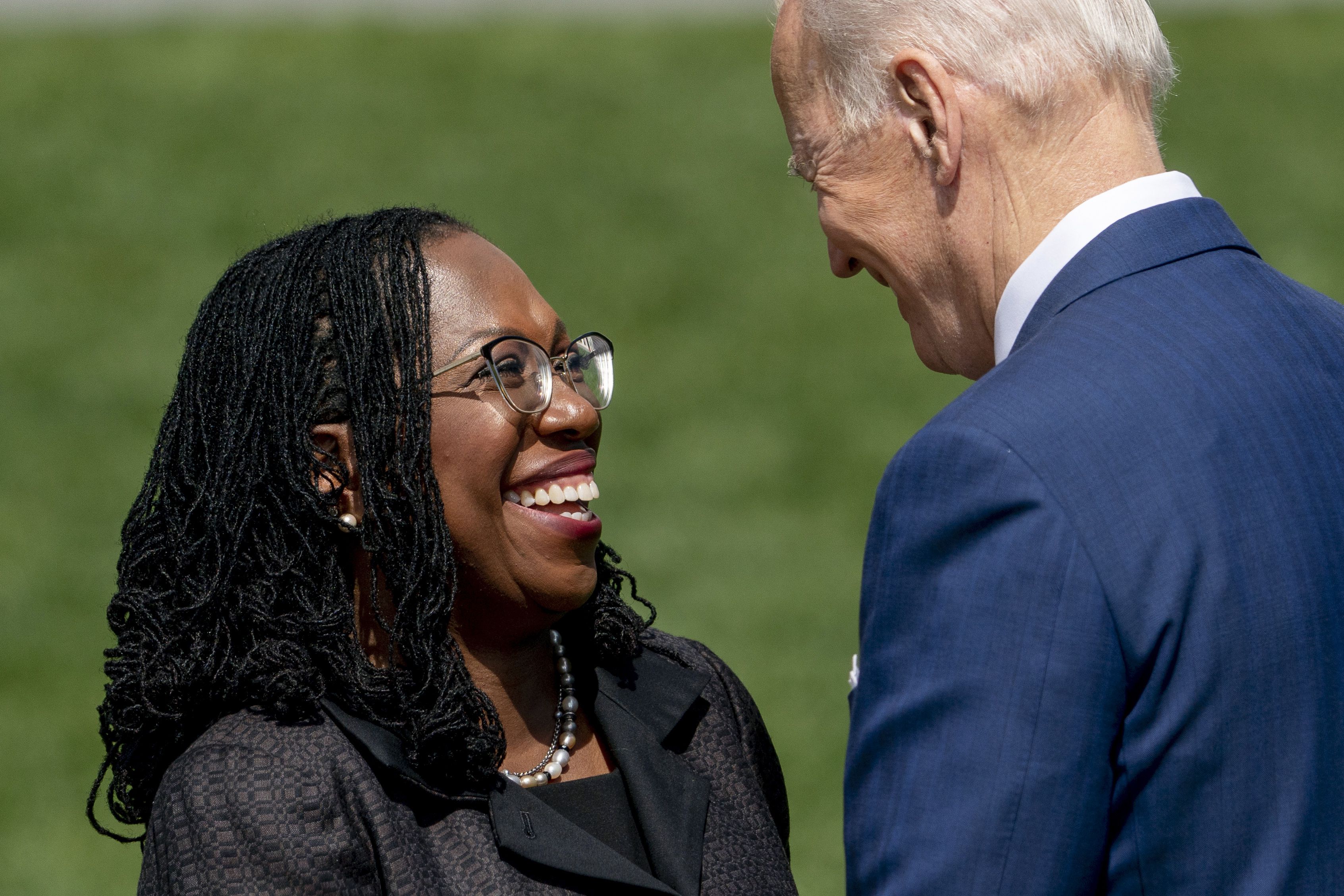 Judge Ketanji Brown Jackson and President Joe Biden embrace during an event on the South Lawn of the White House in Washington, April 8, celebrating the confirmation of Jackson as the first Black woman to reach the Supreme Court.