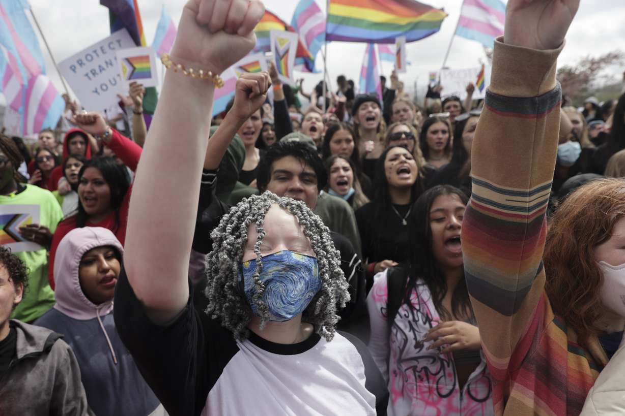 East High School students protest the Utah Legislature's passage of HB11, which bans transgender girls from participating in female school sports, at the school in Salt Lake City on Friday.