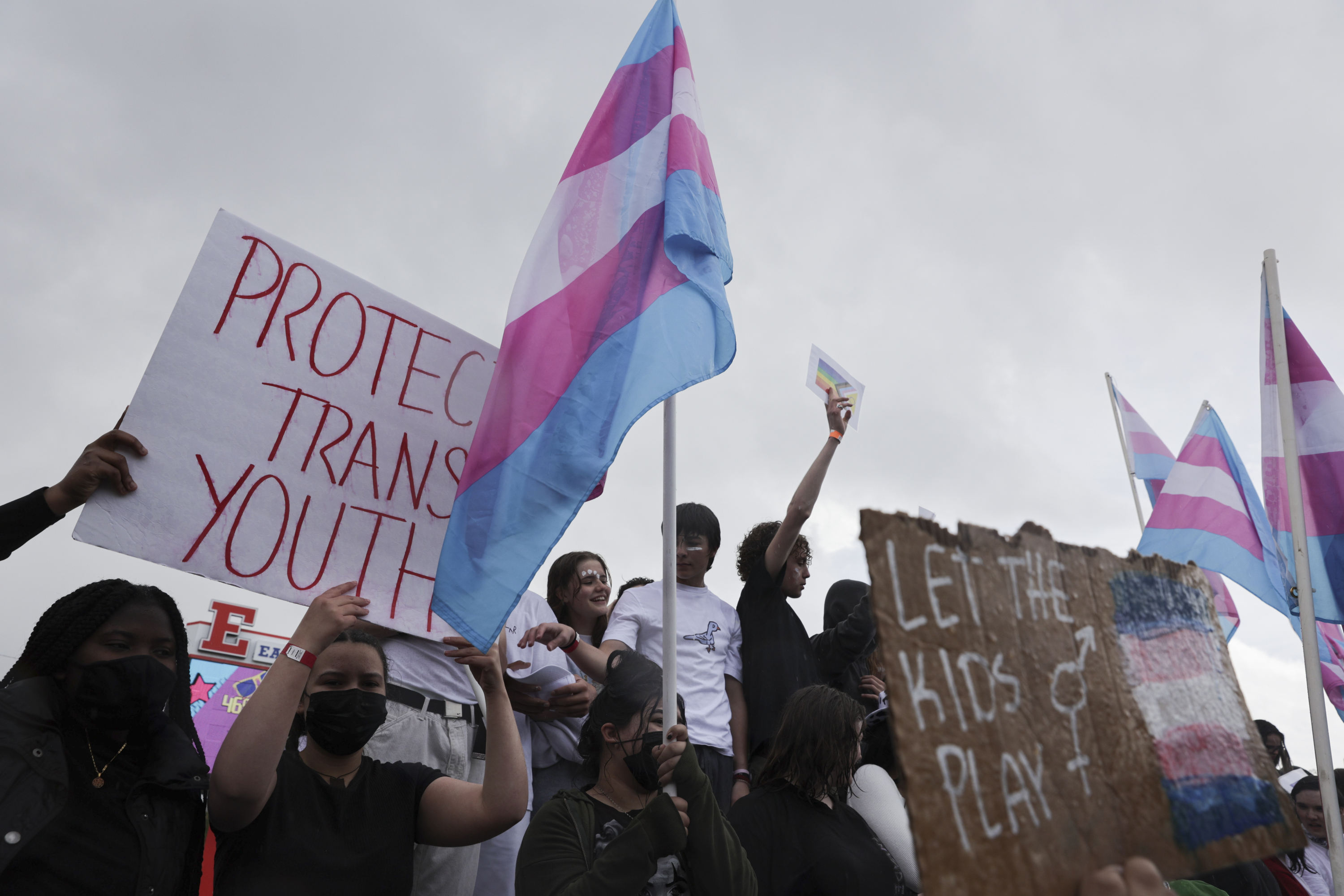 East High School students protest the Utah Legislature's passage of HB11, which bans transgender girls from participating in female school sports, at the school in Salt Lake City on Friday.