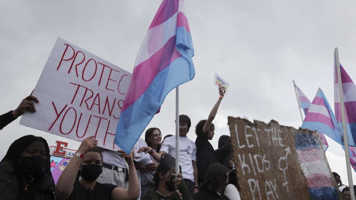 East High School students protest the Utah Legislature's passage of HB11, which bans transgender girls from participating in female school sports, at the school in Salt Lake City on Friday.