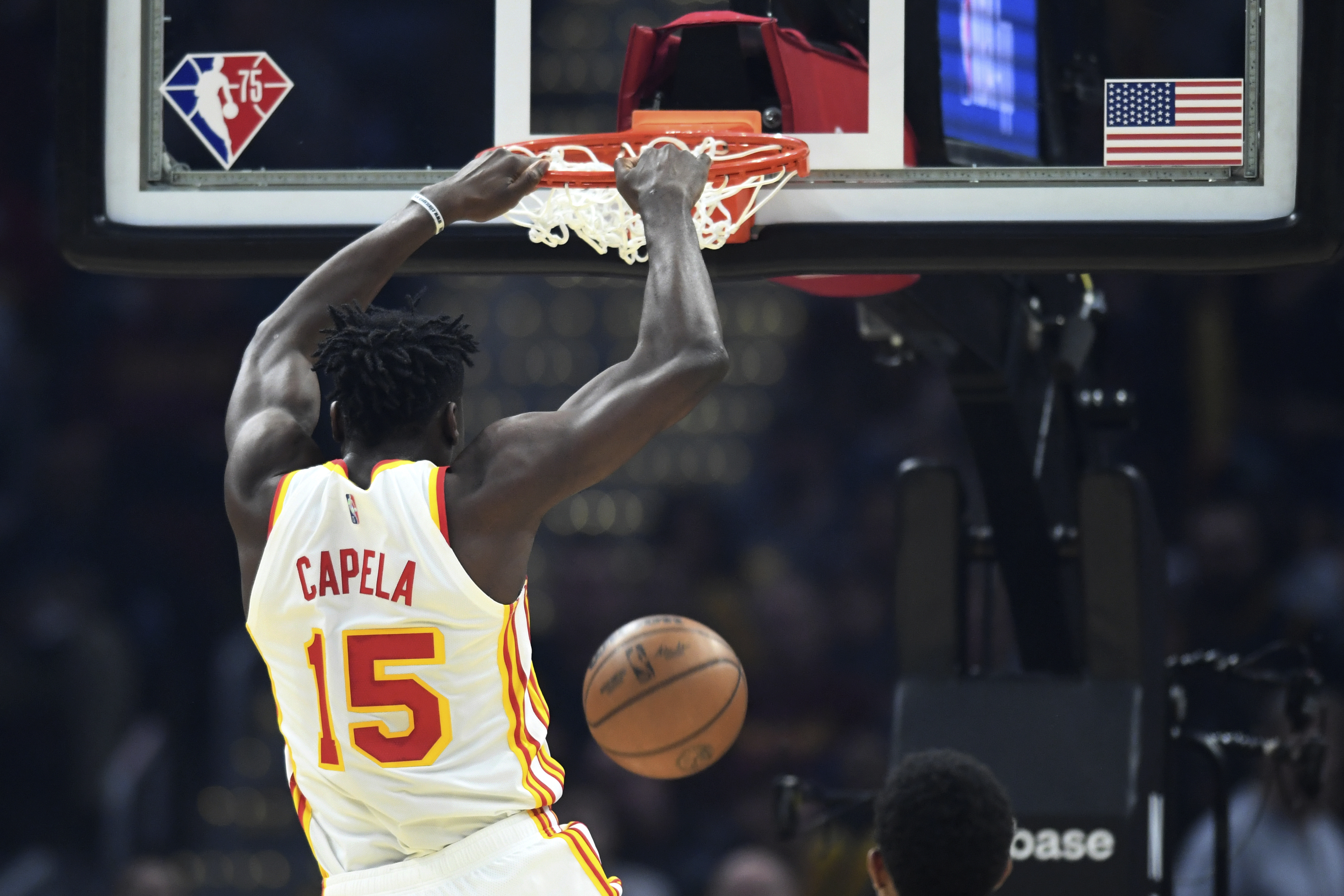Atlanta Hawks' Clint Capela dunks during the first half of the team's NBA play-in basketball game against the Cleveland Cavaliers Friday, April 15, 2022, in Cleveland. 