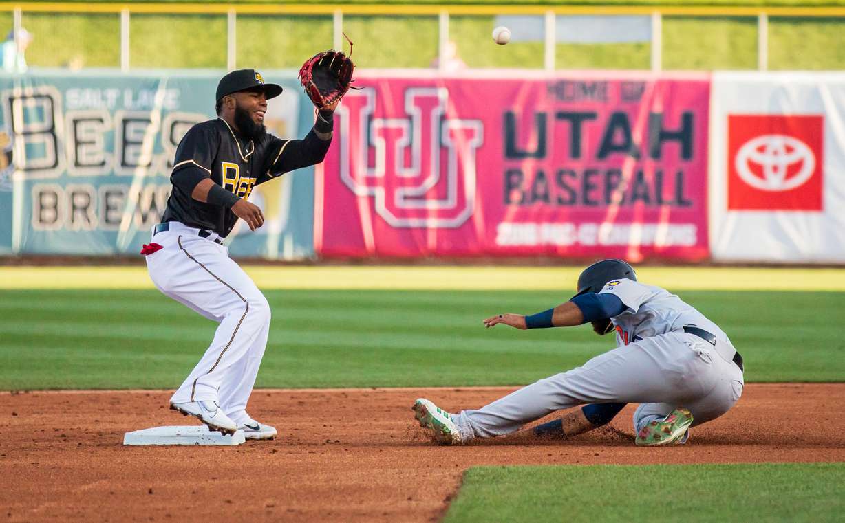 Salt Lake Bees shortstop Luis Rengifo awaits a throw to apply a tag on a Las Vegas base runner stealing second base. The base is larger this year and will be moved in a bit.