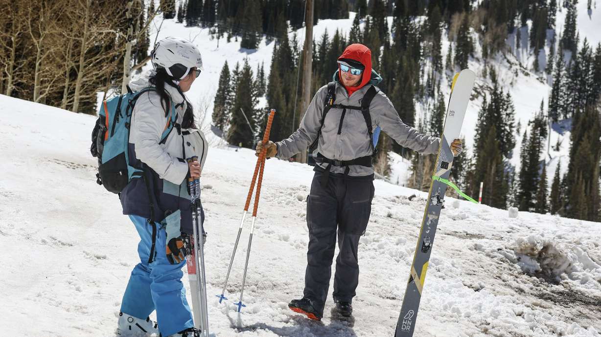 Connie Zhou, of Brooklyn, N.Y., left, and Joey Manship, a guide with Inspired Summit Adventures, finish a backcountry tour in the Grizzly Gulch area in Little Cottonwood Canyon on April 7.