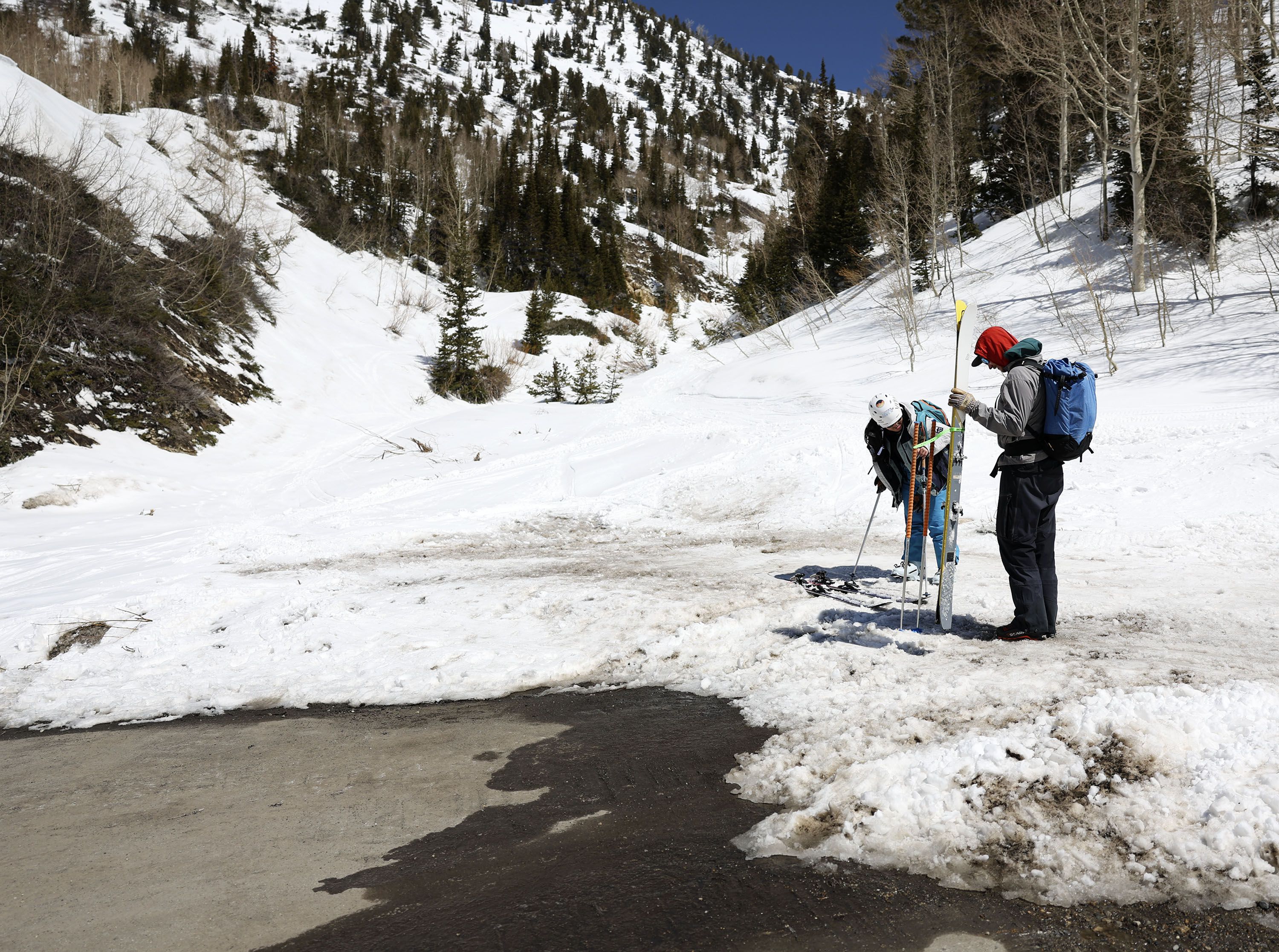 Connie Zhou, of Brooklyn, N.Y., and Joey Manship, a guide with Inspired Summit Adventures, finish a backcountry tour in the Grizzly Gulch area in Little Cottonwood Canyon April 7.