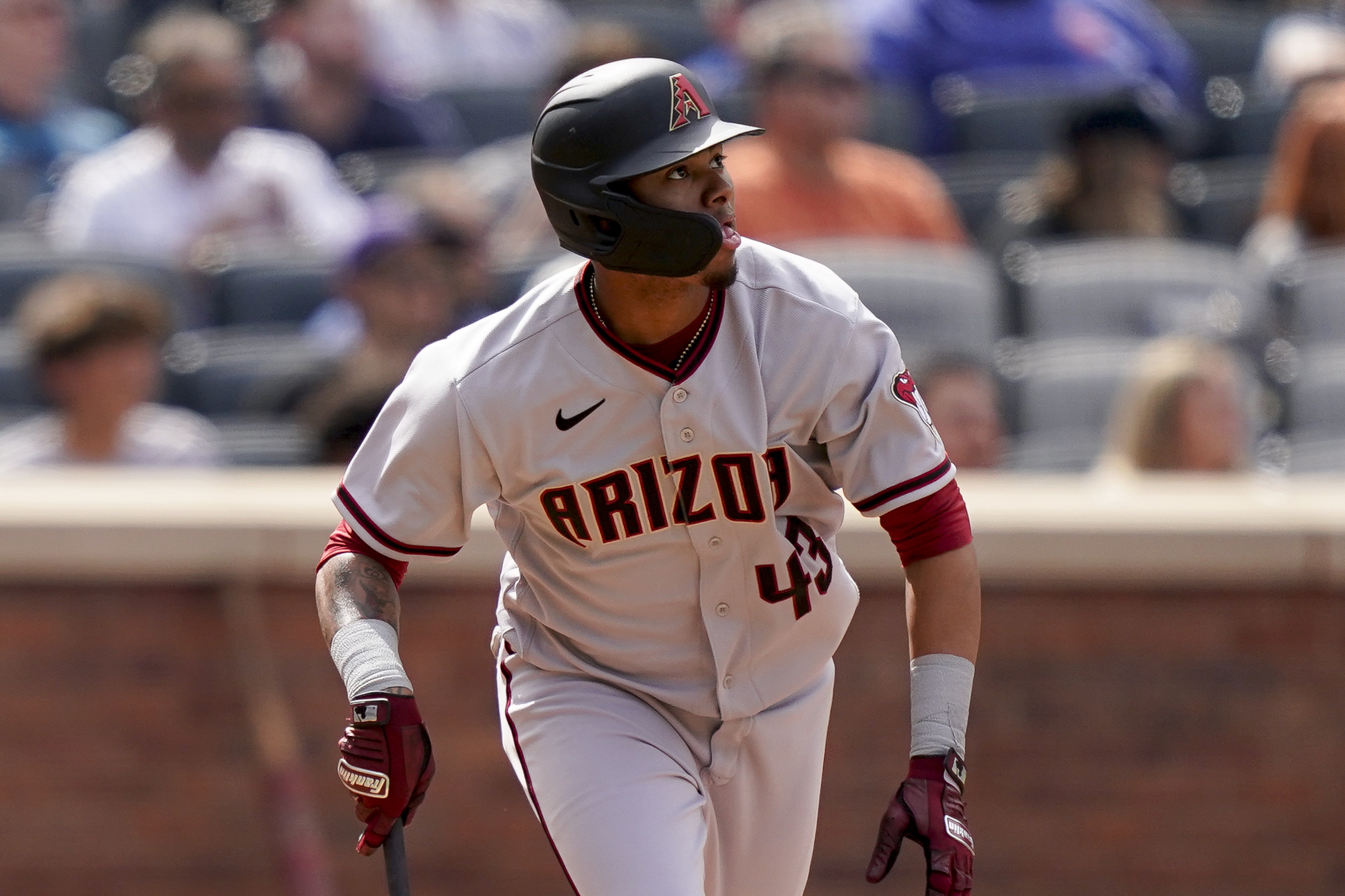 Arizona Diamondbacks' Sergio Alcantara hits a two-run home run off New York Mets relief pitcher Seth Lugo (67) in the seventh inning of a baseball game, Saturday, April 16, 2022, in New York. 