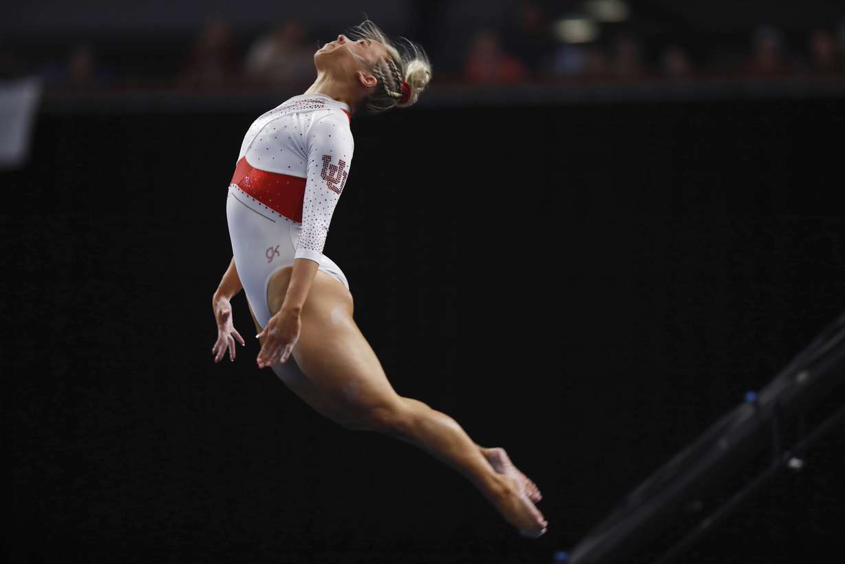 Utah's Sydney Soloski competes in the floor exercise during the NCAA college women's gymnastics championships, Saturday, April 16, 2022, in Fort Worth, Texas.