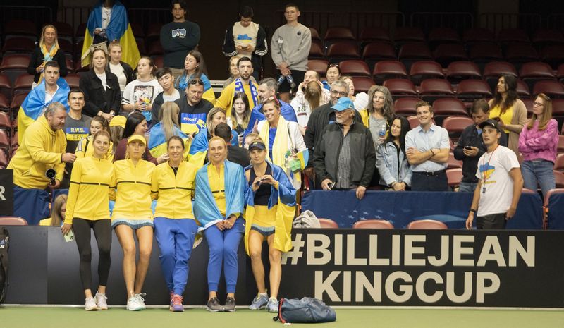 Apr 16, 2022; Asheville, NC, USA;  Team Ukraine with their supporters after the Billie Jean King Cup tie between USA and Ukraine at Harrah's Cherokee Center.