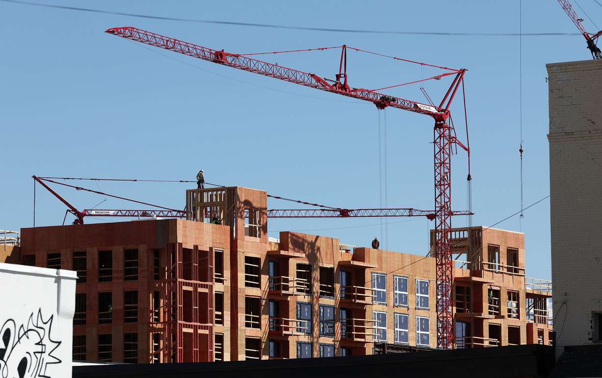Framing continues at a construction site in Salt Lake City on Wednesday, April 6.