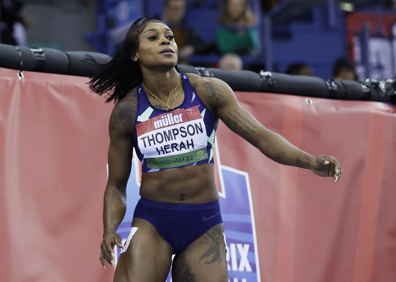 FILE PHOTO: Athletics - Muller Indoor Grand Prix - Arena Birmingham, Birmingham, Britain - February 19, 2022 Jamaica's Elaine Thompson-Herah after winning the women's 60m Action Images via Reuters/Jason Cairnduff