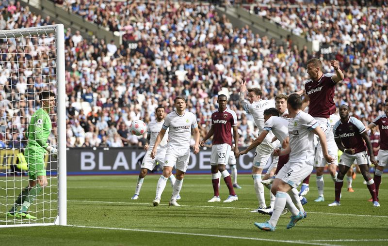 Soccer Football - Premier League - West Ham United v Burnley - London Stadium, London, Britain - April 17, 2022 West Ham United's Tomas Soucek scores their first goal