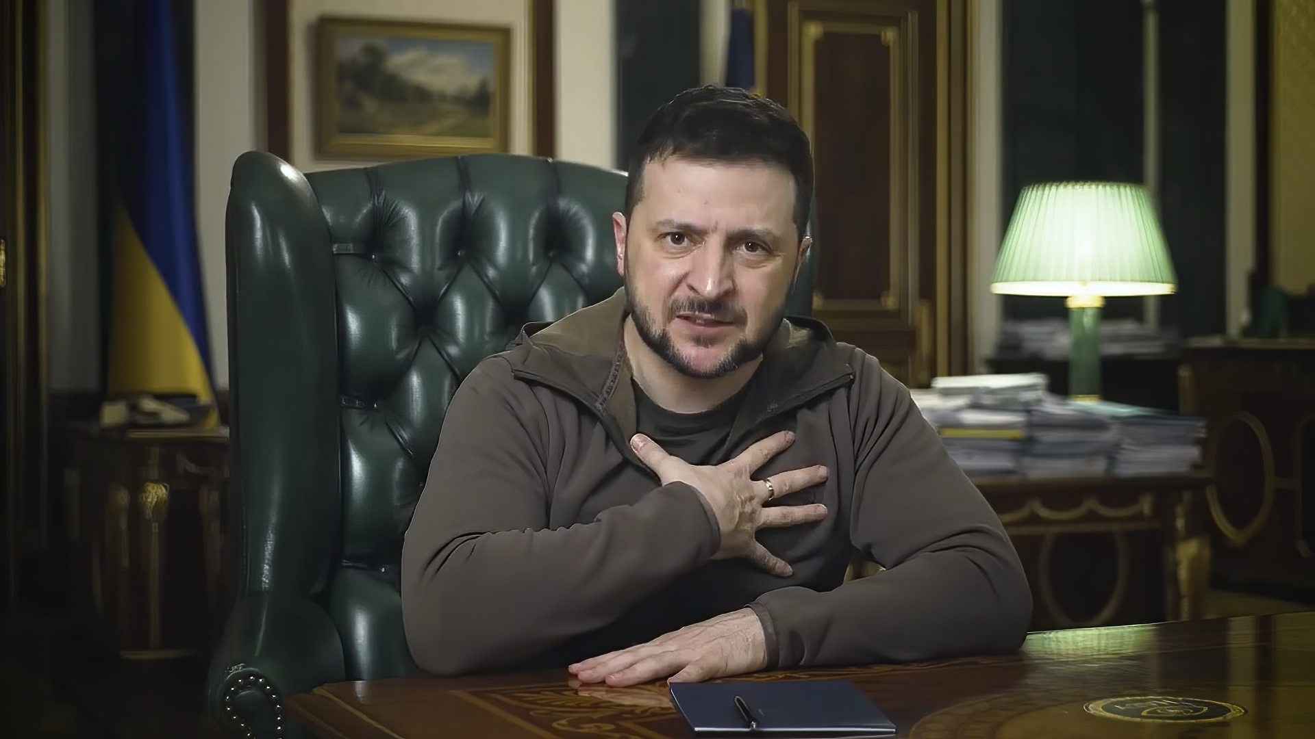 In this image from video provided by the Ukrainian Presidential Press Office, Ukrainian President Volodymyr Zelenskyy speaks from Kyiv, Ukraine, Saturday.