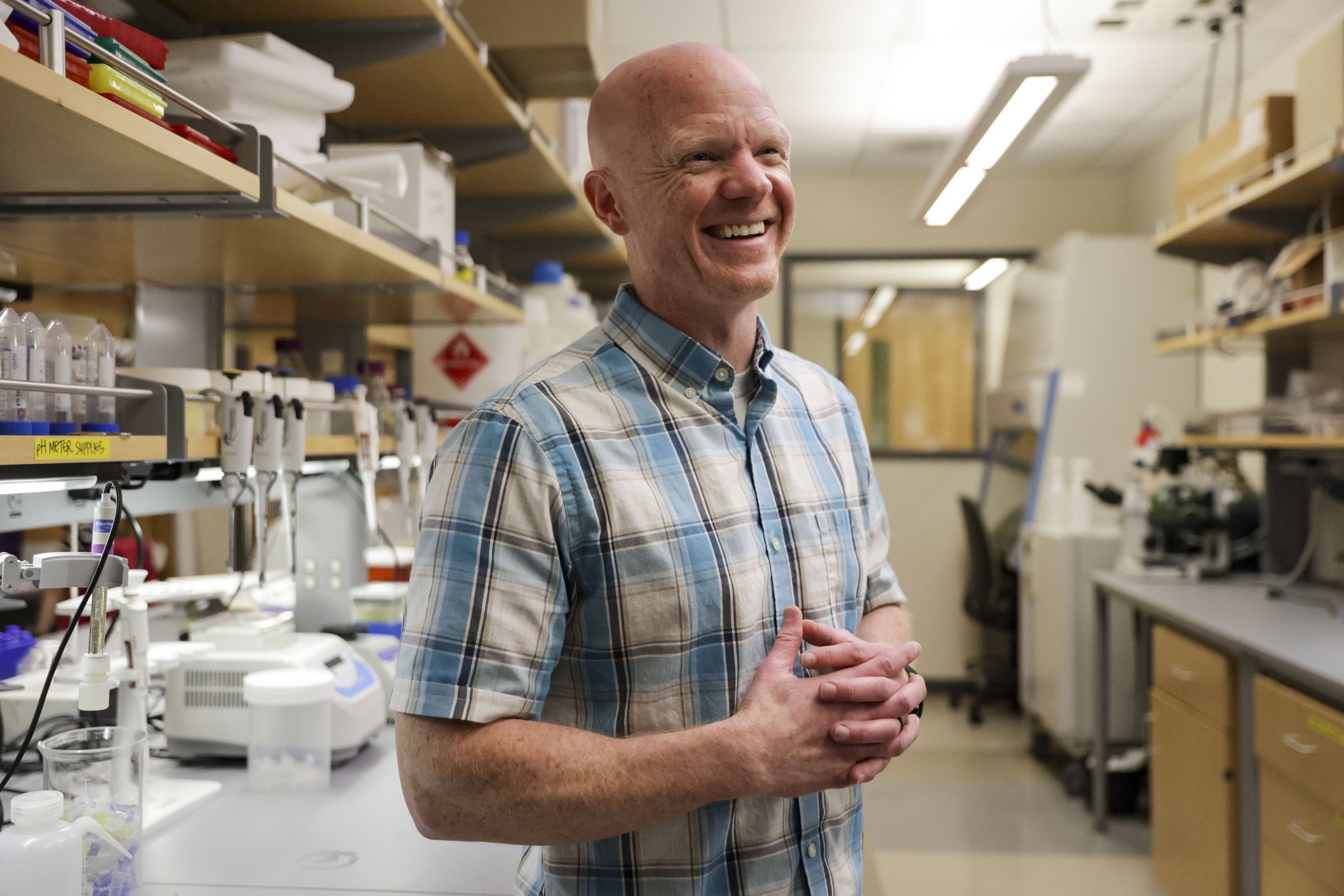 Benjamin Bikman, an assistant professor of cell biology and physiology at Brigham Young University, laughs during an interview at the university in Provo on Thursday, April 7.