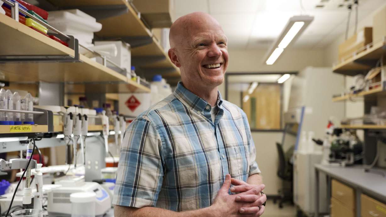 Benjamin Bikman, an assistant professor of cell biology and physiology at Brigham Young University, laughs during an interview at the university in Provo on Thursday, April 7.