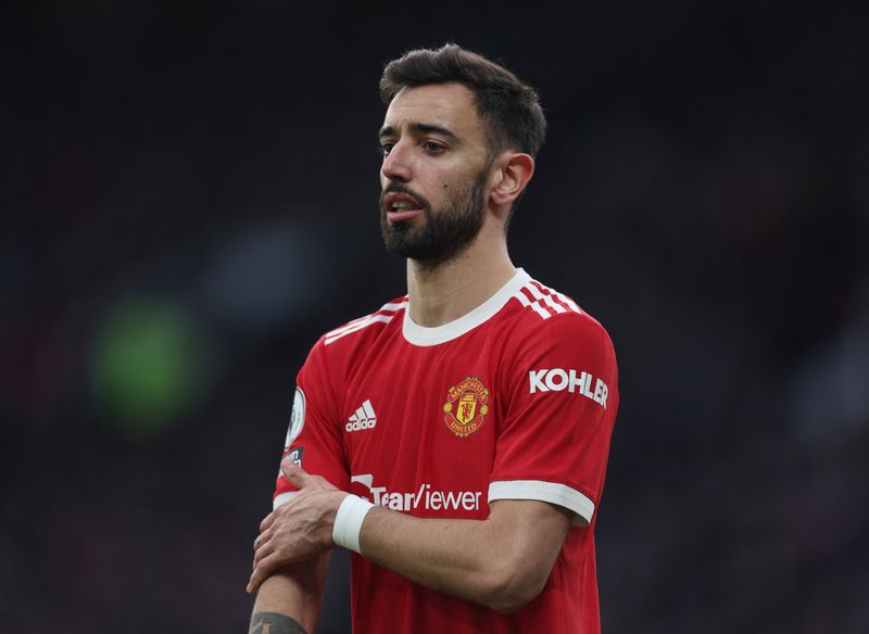 FILE PHOTO: Soccer Football - Premier League - Manchester United v Leicester City - Old Trafford, Manchester, Britain - April 2, 2022 Manchester United's Bruno Fernandes reacts