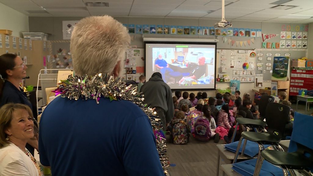 James Sheely watches his goodbye video at Midvalley Elementary School in Midvale Friday.