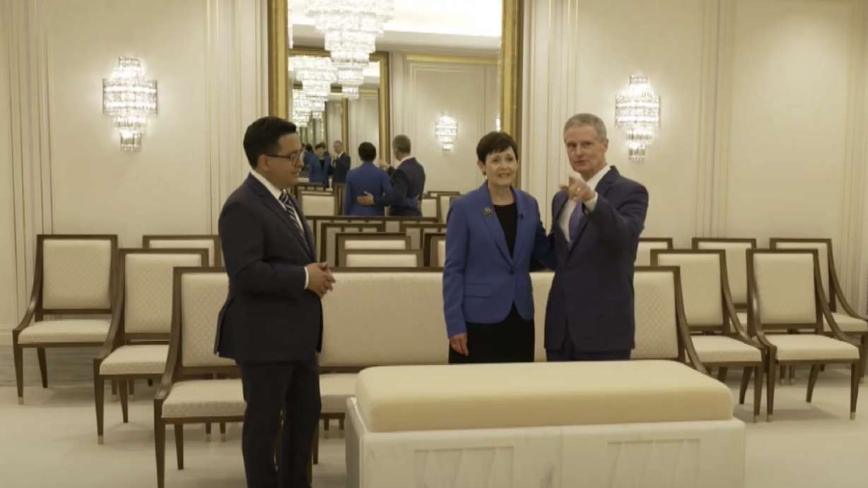 Elder David A. Bednar, right, and Sister Susan Bednar gives CBS News Sunday Morning’s Ed O’Keefe, left, an exclusive preview of the renovated Washington D.C. Temple of The Church of Jesus Christ of Latter-day Saints.