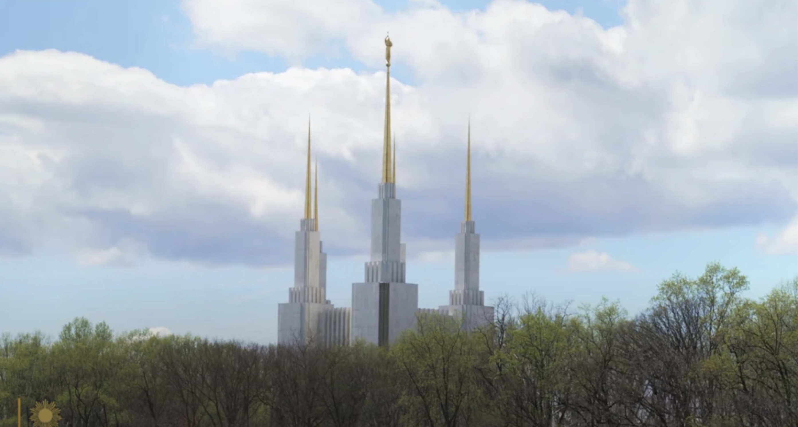 The Washington D.C. Temple of The Church of Jesus Christ of Latter-day Saints is shown rising above the Capitol Beltway in footage by CBS News Sunday Morning in April 2022.