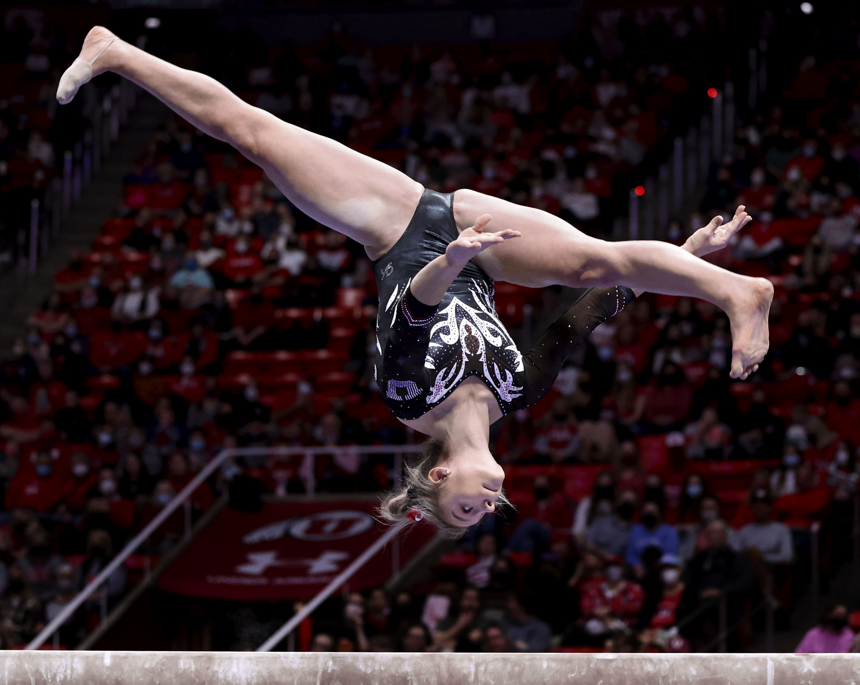 Utah’s Grace McCallum competes on the beam during the gymnastics meet against Arizona State University at the Huntsman Center in Salt Lake City on Friday, Jan. 21.