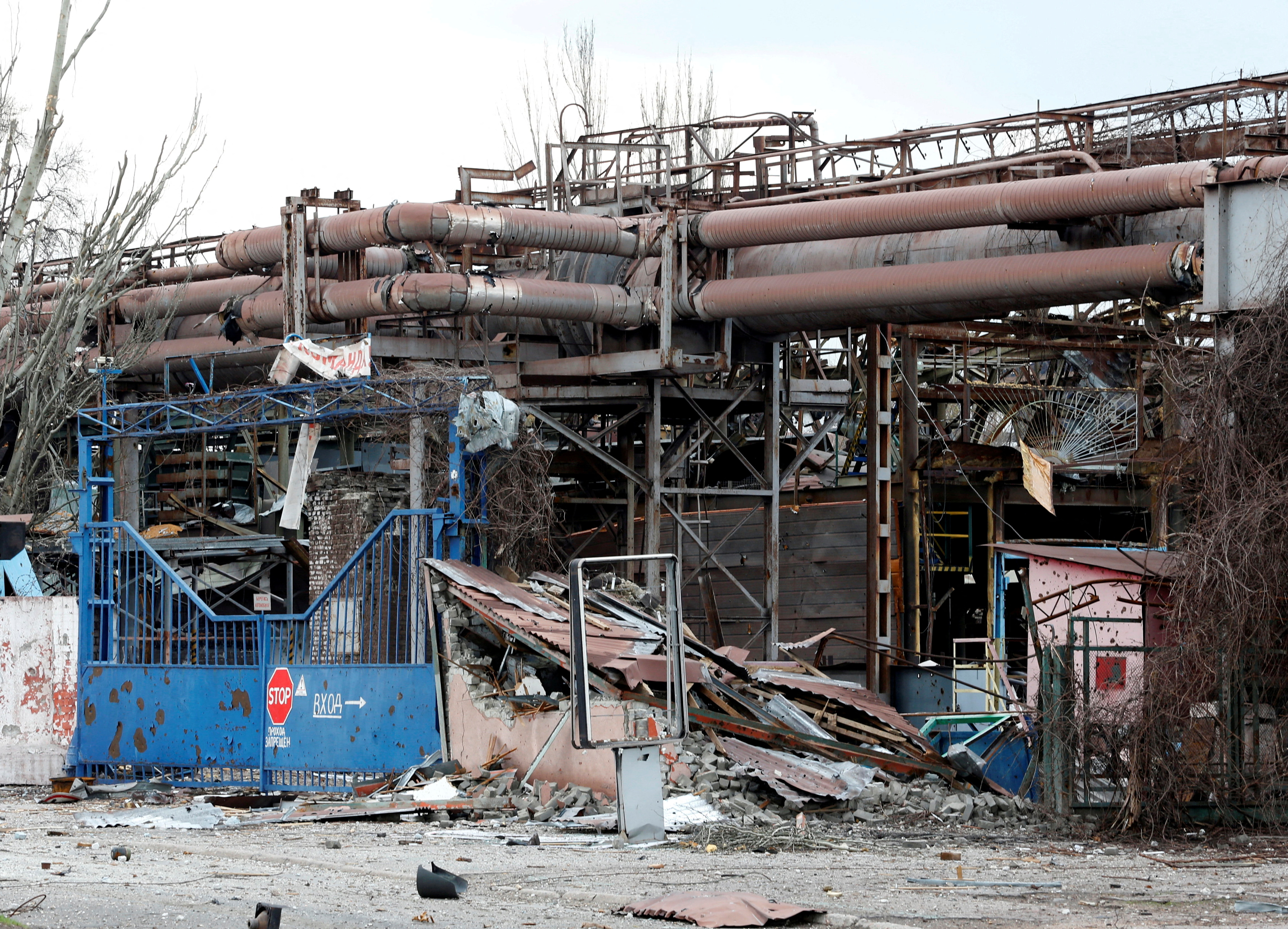 A view shows the gates of the Illich Steel and Iron Works damaged during Ukraine-Russia conflict in the southern port city of Mariupol, Ukraine, April 15.