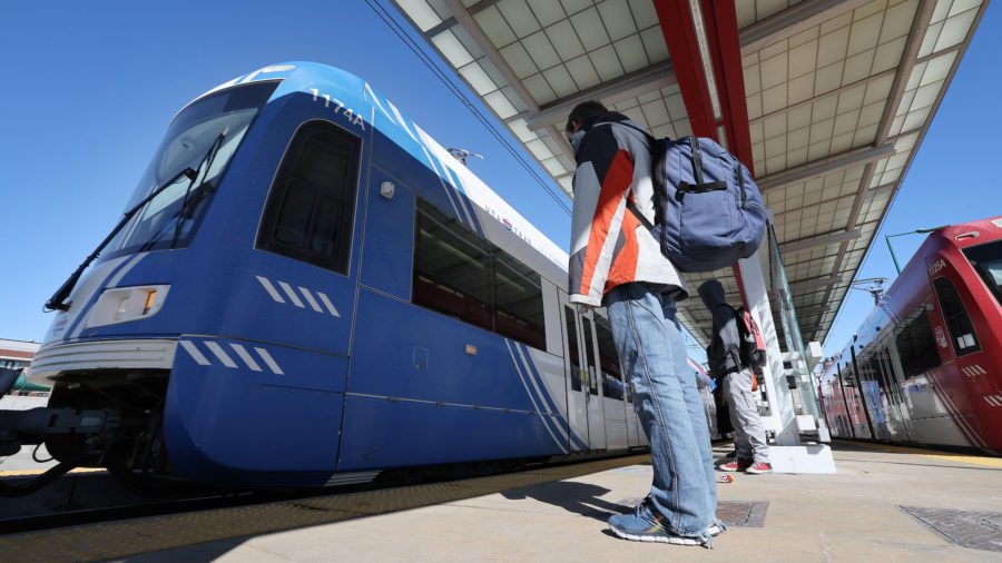A UTA TRAX train stops at the North Temple Bridge/Guadalupe Station in Salt Lake City on March 10. UTA dropped its mask mandate Tuesday.