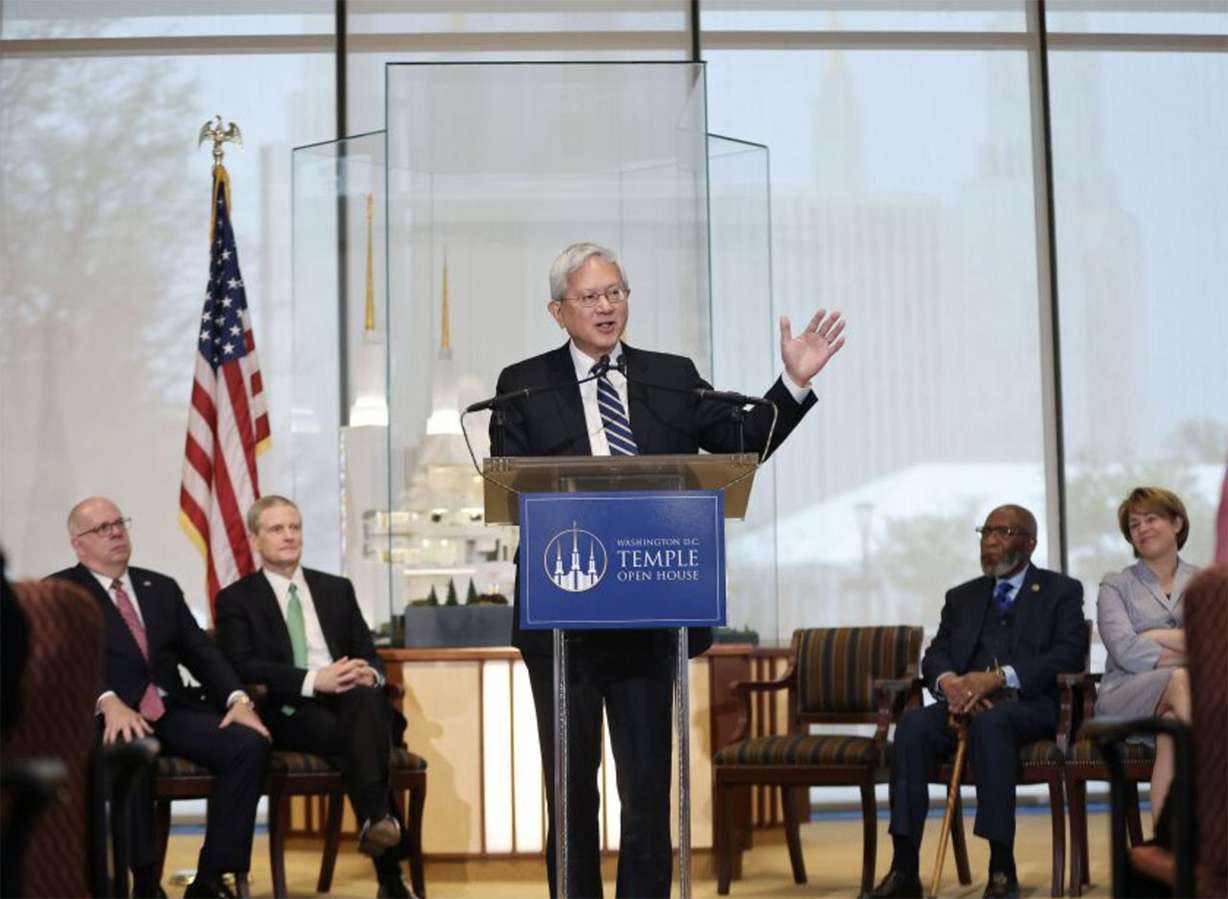 Elder Gerrit W. Gong, a member of The Quorum of the Twelve Apostles of The Church of Jesus Christ of Latter-day Saints, speaks during a press conference at the Washington D.C. Temple in Kensington, Maryland, on Monday.