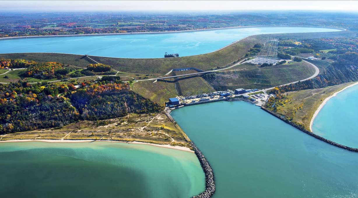 This undated photo shows an aerial view of the Ludington Pumped Storage Plant near Ludington, Mich.