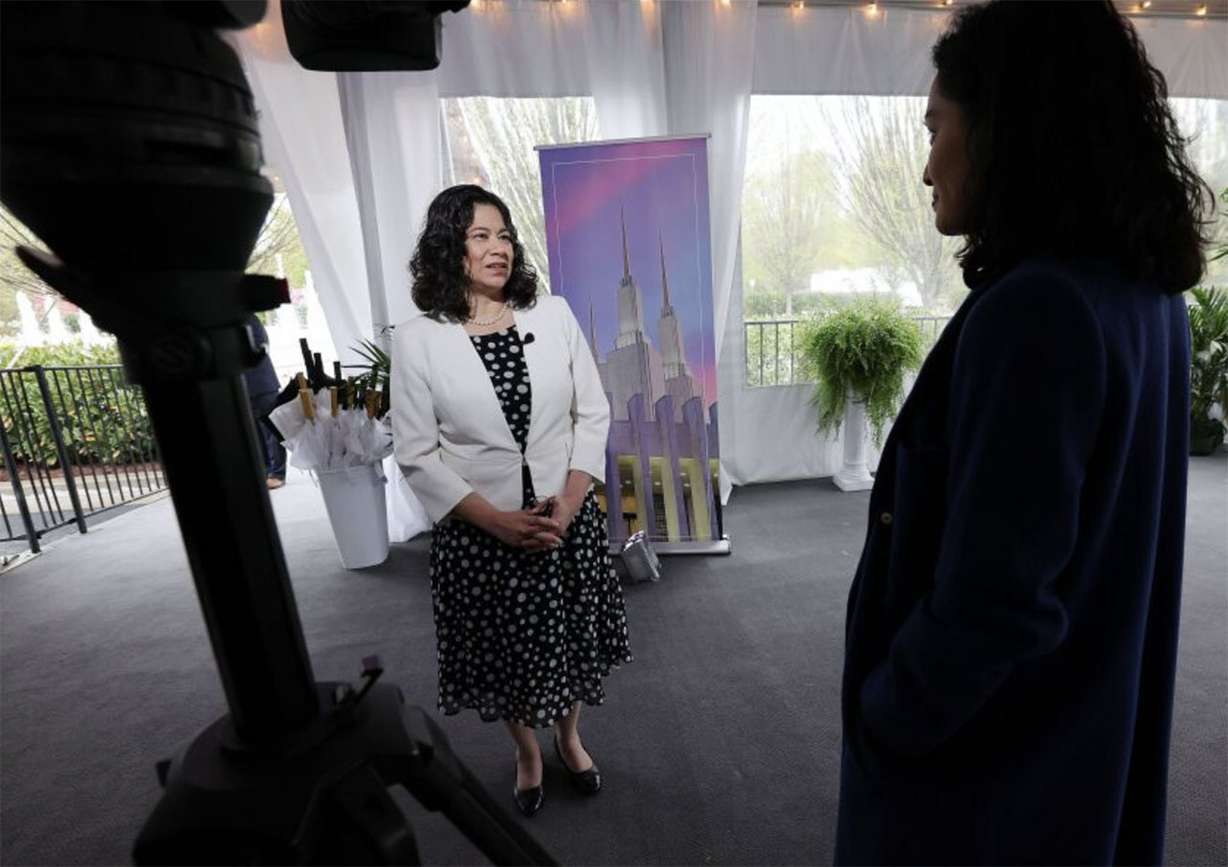 Sister Reyna I. Aburto, second counselor of The Church of Jesus Christ of Latter-day Saints' Relief Society general presidency, is interviewed during a press conference at the Washington D.C. Temple in Kensington, Maryland, on Monday.