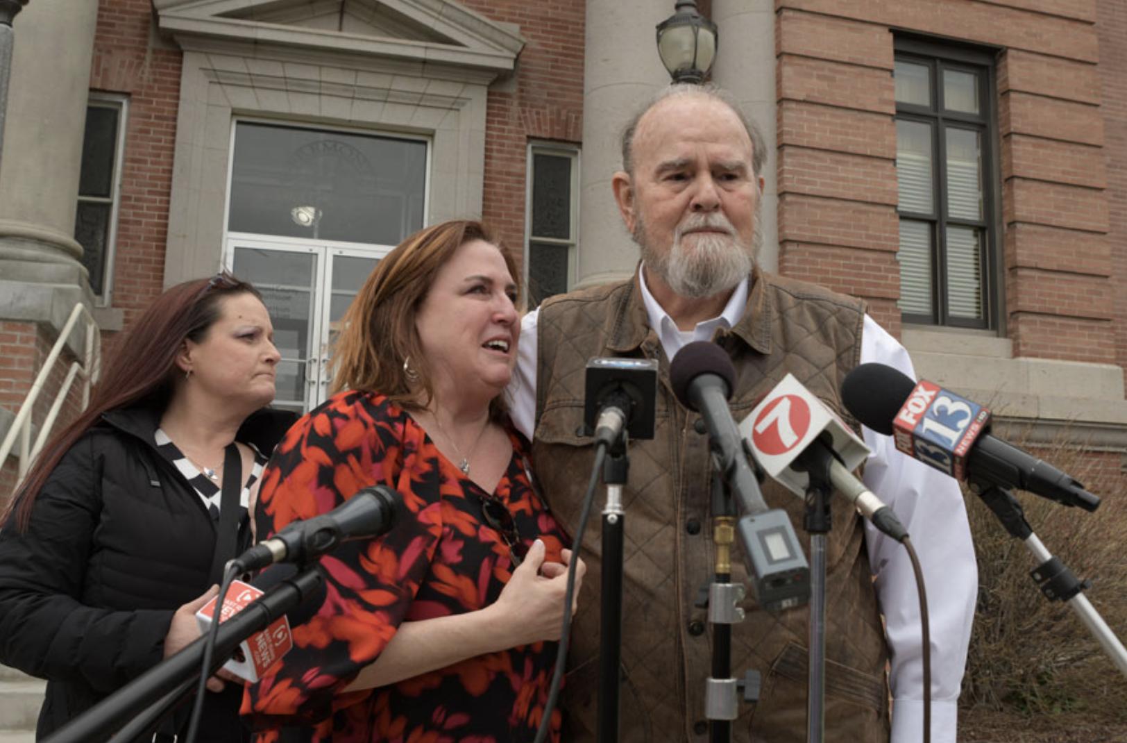 Kay and Larry Woodcock with their daughter at the Fremont County Courthouse during a press conference following Lori Daybell’s arraignment April 19, 2022. They say they were “completely blindsided and heartbroken” learning they might not be able to sit in the courtroom during their grandson’s murder trial.