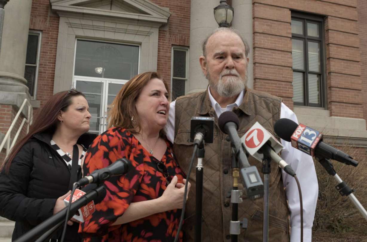 Kay and Larry Woodcock with their daughter on the steps of the Fremont County Courthouse during a press conference following Lori Daybell’s arraignment Tuesday.