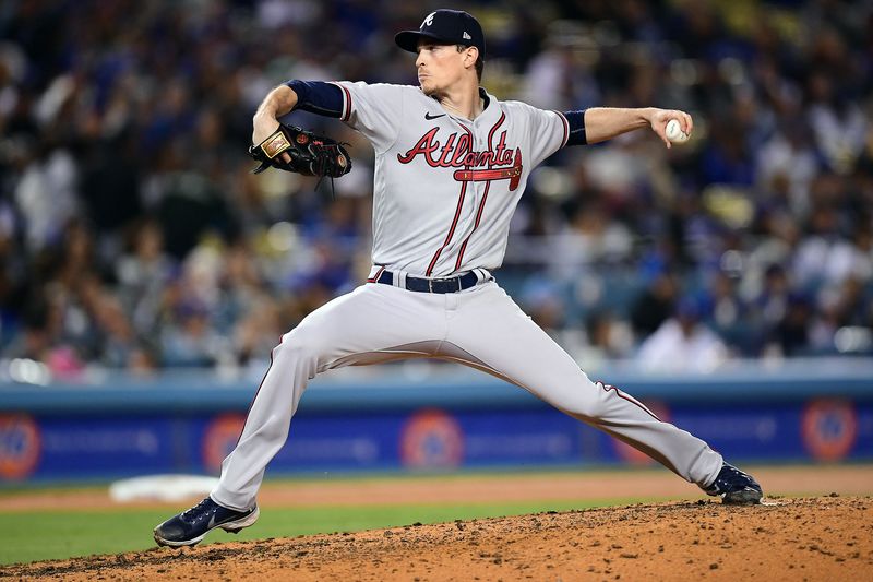Apr 19, 2022; Los Angeles, California, USA; Atlanta Braves starting pitcher Max Fried (54) throws against the Los Angeles Dodgers during the fifth inning at Dodger Stadium.