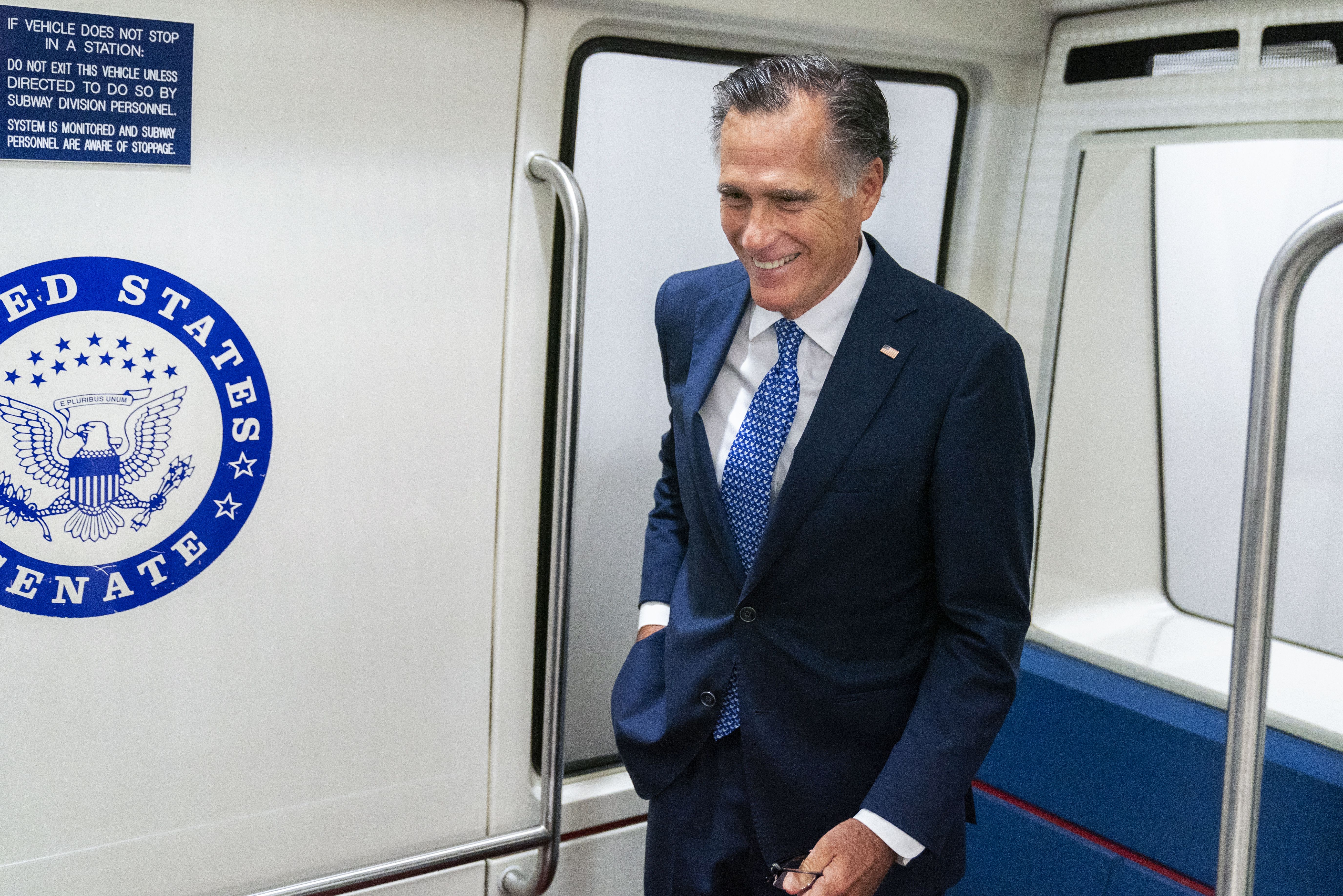 Sen. Mitt Romney, R-Utah, takes the Senate subway on Capitol Hill, June 8, 2021, in Washington. Romney used an op-ed in The Wall Street Journal this week to encourage President Joe Biden to focus on the economy.