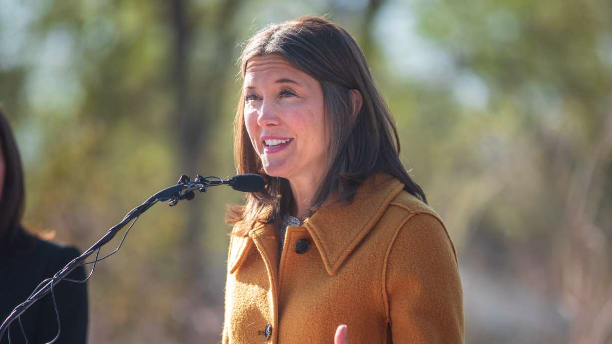 Salt Lake City Mayor Erin Mendenhall speaks about sustainable projects during a press conference at the 900 South Constructed Wetland in Salt Lake City Wednesday. She asked resident to find ways to reduce five gallons of water daily.