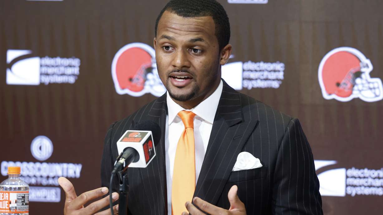 Cleveland Browns new quarterback Deshaun Watson speaks during a news conference at the NFL football team's training facility, Friday, March 25, 2022, in Berea, Ohio.