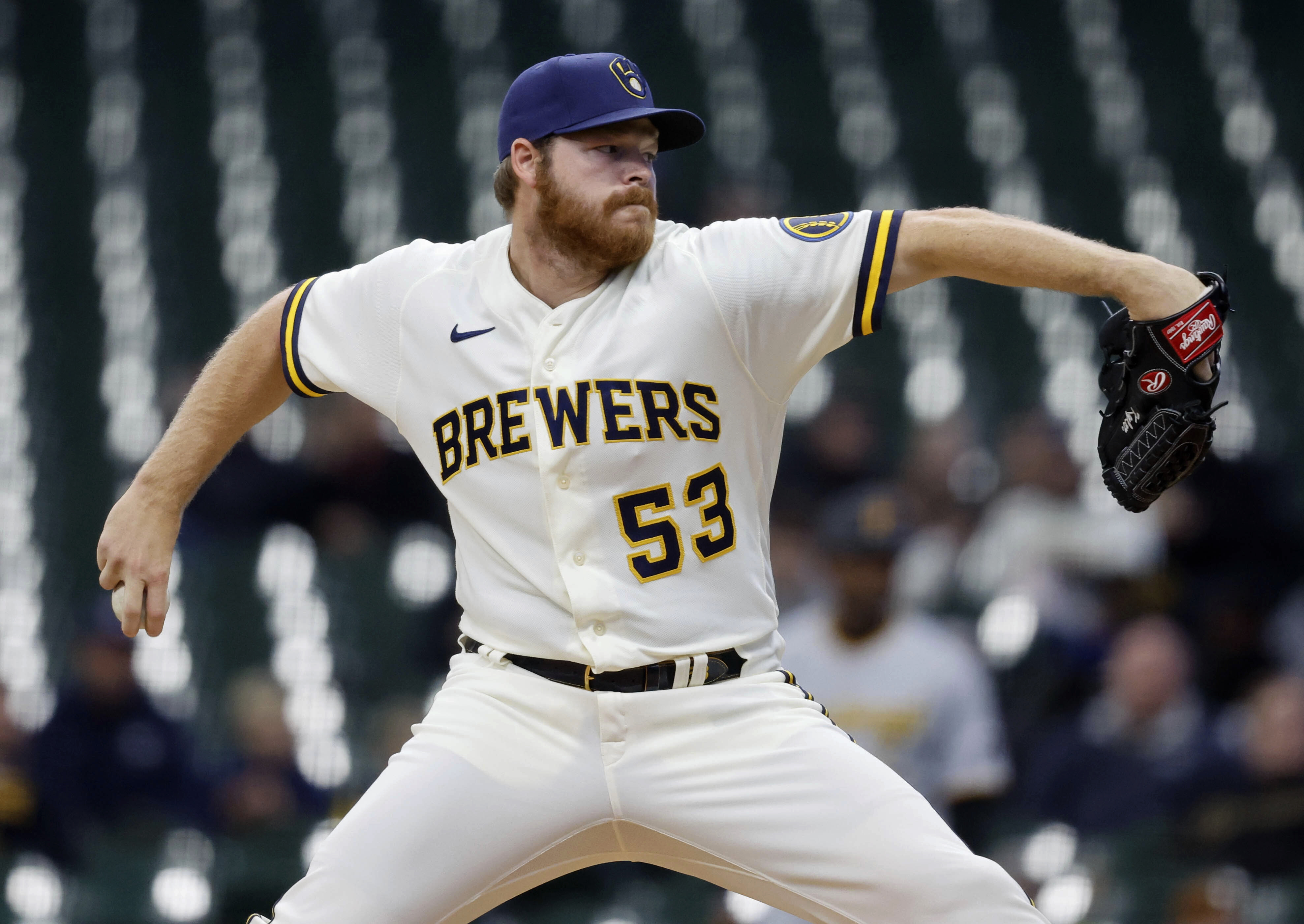 Milwaukee Brewers starting pitcher Brandon Woodruff (53) throws to the Pittsburgh Pirates during the first inning of a baseball game, Wednesday, April 20, 2022, in Milwaukee. 