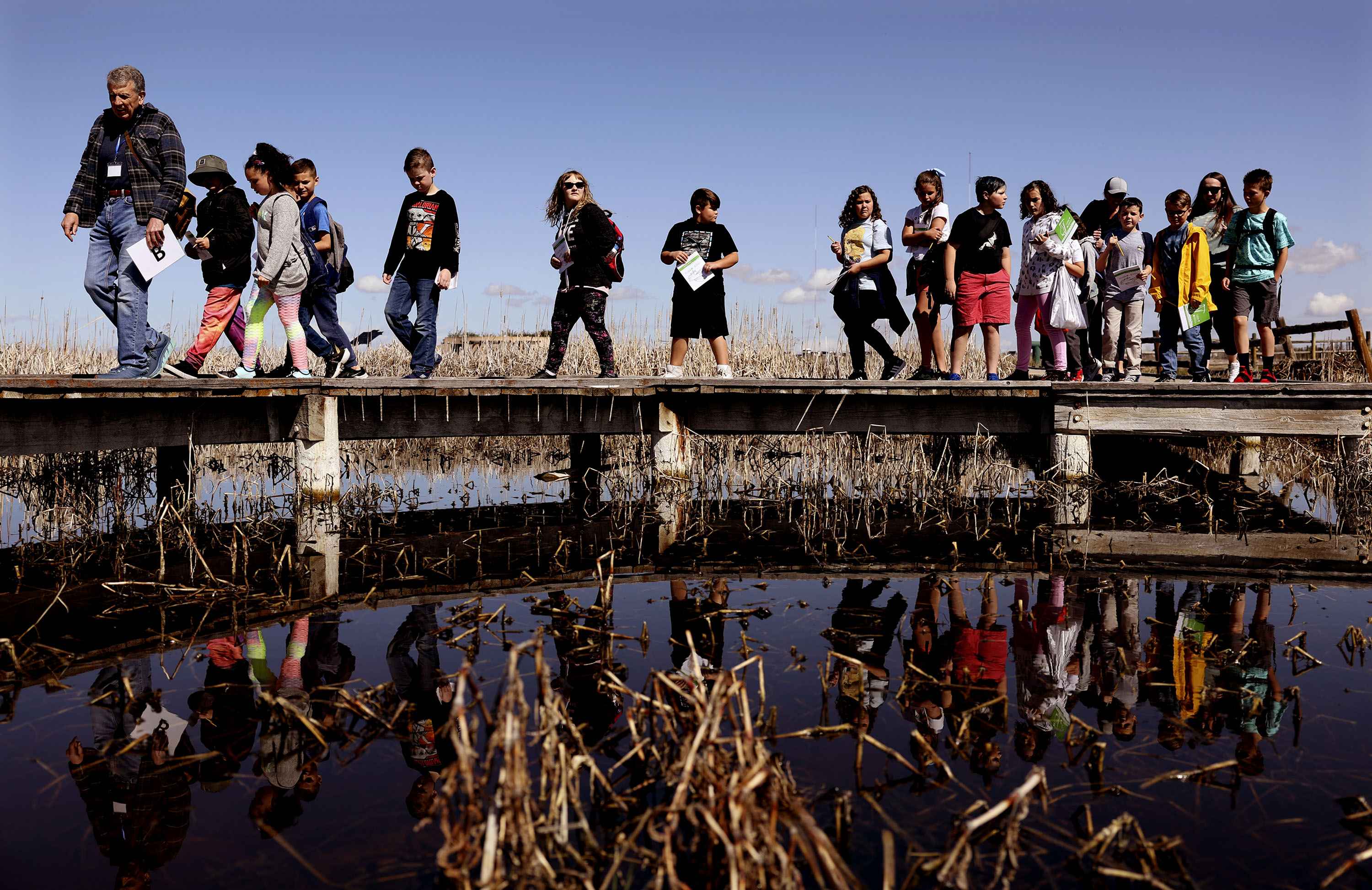 Students from Creekside Elementary explore the marshes at the Great Salt Lake Shorelands Preserve as part of The Nature Conservancy's Wings & Water program in Layton on Wednesday.