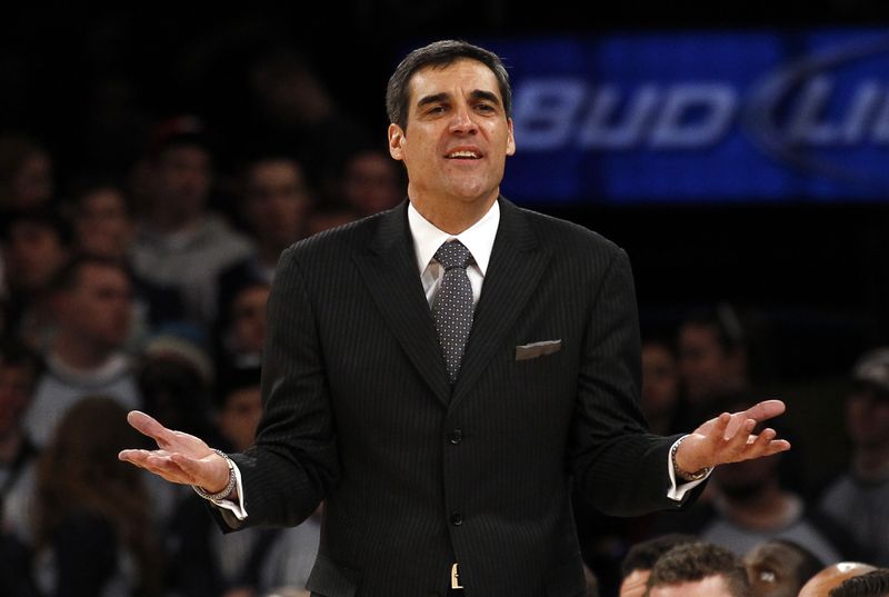 FILE PHOTO: Villanova Wildcats head coach Jay Wright reacts to a call during action in the second half against the Louisville Cardinals in their NCAA men's college basketball game at the 2013 Big East tournament at Madison Square Garden in New York, March 14, 2013.