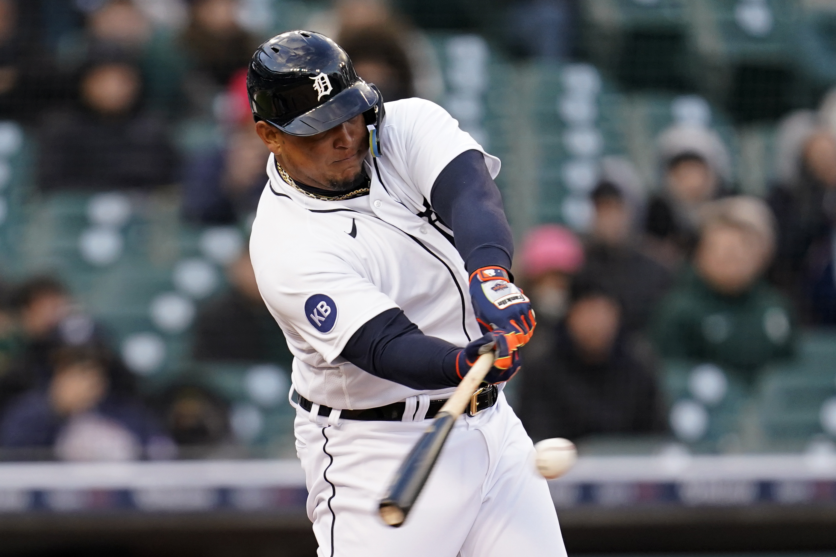 Detroit Tigers' Miguel Cabrera singles against the New York Yankees in the second inning of a baseball game in Detroit, Tuesday, April 19, 2022. 