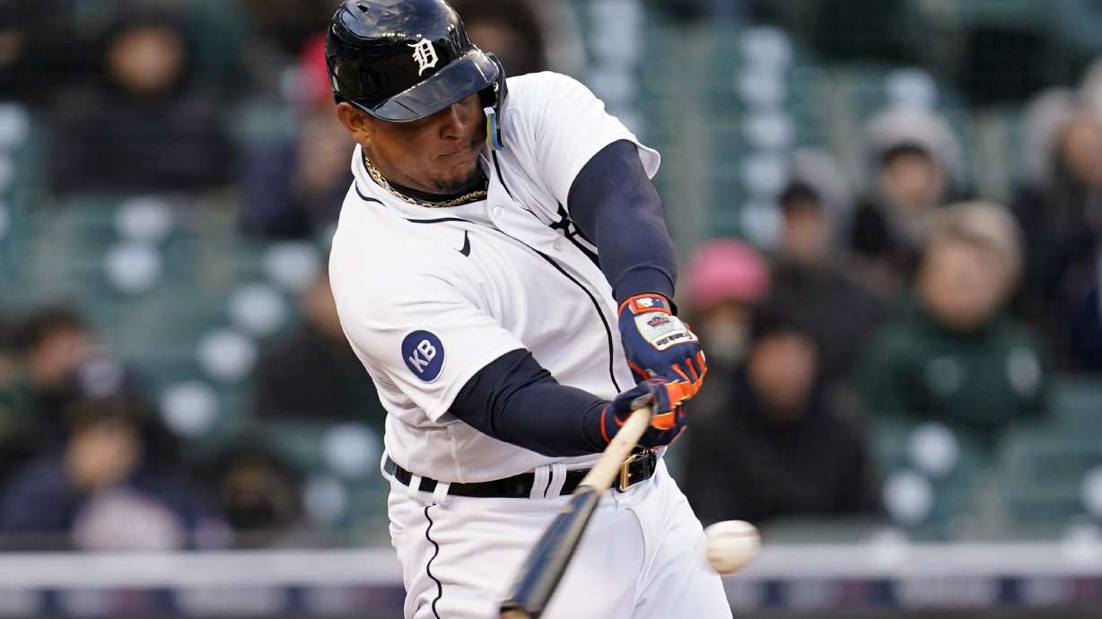 Detroit Tigers' Miguel Cabrera singles against the New York Yankees in the second inning of a baseball game in Detroit, Tuesday, April 19, 2022.